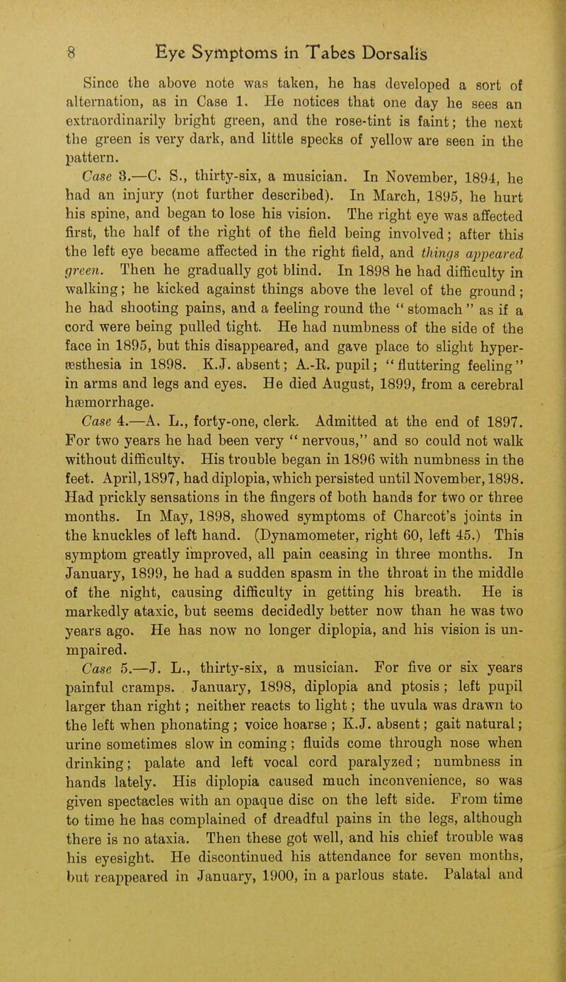 Since the above note was taken, he has developed a sort of alternation, as in Case 1. He notices that one day he sees an extraordinarily bright green, and the rose-tint is faint; the next the green is very dark, and little specks of yellow are seen in the pattern. Case 3.—C. S., thirty-six, a musician. In November, 1894, he had an injury (not further described). In March, 1895, he hurt his spine, and began to lose his vision. The right eye was affected first, the half of the right of the field being involved; after this the left eye became affected in the right field, and things apjyeared green. Then he gradually got blind. In 1898 he had difficulty in walking; he kicked against things above the level of the ground; he had shooting pains, and a feeling round the  stomach  as if a cord were being pulled tight. He had numbness of the side of the face in 1895, but this disappeared, and gave place to slight hyper- BBsthesia in 1898. K.J. absent; A.-R. pupil;  fluttering feeling  in arms and legs and eyes. He died August, 1899, from a cerebral hgemorrhage. Case 4.—A. L., forty-one, clerk. Admitted at the end of 1897. For two years he had been very  nervous, and so could not walk without difficulty. His trouble began in 1896 with numbness in the feet. April, 1897, had diplopia, which persisted until November, 1898. Had prickly sensations in the fingers of both hands for two or three months. In May, 1898, showed symptoms of Charcot's joints in the knuckles of left hand. (Dynamometer, right 60, left 45.) This symptom greatly iinproved, all pain ceasing in three months. In January, 1899, he had a sudden spasm in the throat in the middle of the night, causing difficulty in getting his breath. He is markedly ataxic, but seems decidedly better now than he was two years ago. He has now no longer diplopia, and his vision is un- mpaired. Case 5.—J. L., thirty-six, a musician. For five or six years painful cramps. January, 1898, diplopia and ptosis; left pupil larger than right; neither reacts to light; the uvula was drawn to the left when phonating; voice hoarse ; K.J. absent; gait natural; urine sometimes slow in coming; fluids come through nose when drinking; palate and left vocal cord paralyzed; numbness in hands lately. His diplopia caused much inconvenience, so was given spectacles with an opaque disc on the left side. From time to time he has complained of dreadful pains in the legs, although there is no ataxia. Then these got well, and his chief trouble was his eyesight. He discontinued his attendance for seven months, but reappeared in January, 1900, in a parlous state. Palatal and