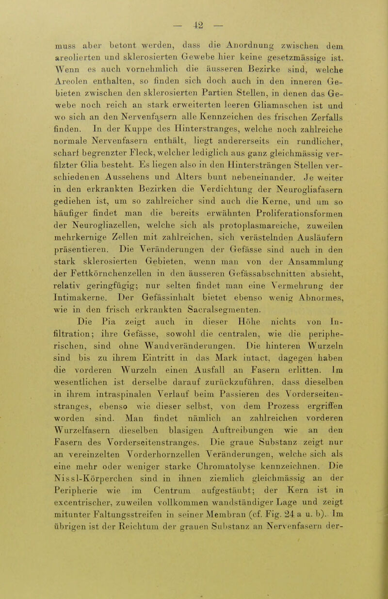 muss aber betont -werden, dass die Anordnung zwischen dem areoli(3rten und sklerosierten Gewebe liier keine gesetzmässige ist. Wenn es auch vorn(^hmlich die äusseren Bezirke sind, welche Areolen enthalten, so finden sich doch auch in den inneren Ge- bieten zwischen den sklerosierten Partien Stellen, in denen das Ge- webe noch reich an stark erweiterten leeren Gliamnschen ist und wo sich, an den Nervenfj^sern alle Kennzeichen des frischen Zerfalls finden. In der Kuppe des llinterstranges, welche noch zahlreiche normale Nervenfasern enthält, liegt andererseits ein rundlicher, scharf begrenzter Fleck, welcher lediglich aus ganz gleichmässig ver- filzter Glia besteht. Es liegen also in den J lintersträngen Stellen ver- schiedenen Aussehens und Alters bunt nebeneinander. Je weiter in den erkrankten Bezirken die Verdichtung der Neurogliafasern gediehen ist, um so zahlreicher sind auch die Kerne, und um so häufiger findet man die bereits erwähnten Proliferationsformen der Neurogliazelleu, welche sich als protoplasmareiche, zuweilen mehrkernige Zellen mit zahlreichen, sieh verästelnden Ausläufern präsentieren. Die Veränderungen der Gefässe sind auch in den stark sklerosierten Gebieten, wenn man von der Ansammlung der Fettkörnchenzellen in den äusseren Gefässabschnitten absieht, relativ geringfügig-, nur selten findet man eine Vermelirung der Intimakerne. Der Gefässinhalt bietet ebenso wenig Abnormes, wie in den frisch erkrankten Sacralsegmeuten. Die Pia zeigt auch in dieser Höhe nichts von In- filtration; ihre Gefässe, sowohl die centralen, wie die periphe- rischen, sind ohne Wandverändevungen. Die hinteren Wurzeln sind bis zu ihrem Eintritt in das Mark intact, dagegen haben die vorderen Wurzeln einen Ausfall an Fasern erlitten. Im wesentlichen ist derselbe darauf zurückzuführen, dass dieselben in ihrem intraspinalen Verlauf beim Passieren des Vorderseiten- stranges, ebenso wie dieser selbst, von dem Prozess ergriffen worden sind. Man findet nämlich an zahlreichen vorderen Wurzelfasern tlieselben blasigen Auftreibungen wie an den Fasern des Vorderseitenstranges. Die graue Substanz zeigt nur an vereinzelten Vorderhornzellen Veränderungen, welche sich als eine mehr oder weniger starke Chromatolyse kennzeichnen. Die Nissl-Körperclien sind in ihnen ziemlich gleichmässig an der Peripherie wie im Centrum aufgestäubt; der Kern ist in excentrischer, zuweilen vollkommen wandständiger Lage und zeigt mitunter Faltungsstreifen in seiner Membran (cf. Fig. 24 a u. b). Im übrigen ist der Reichtum der grauen Substanz an Nervenfasern der-