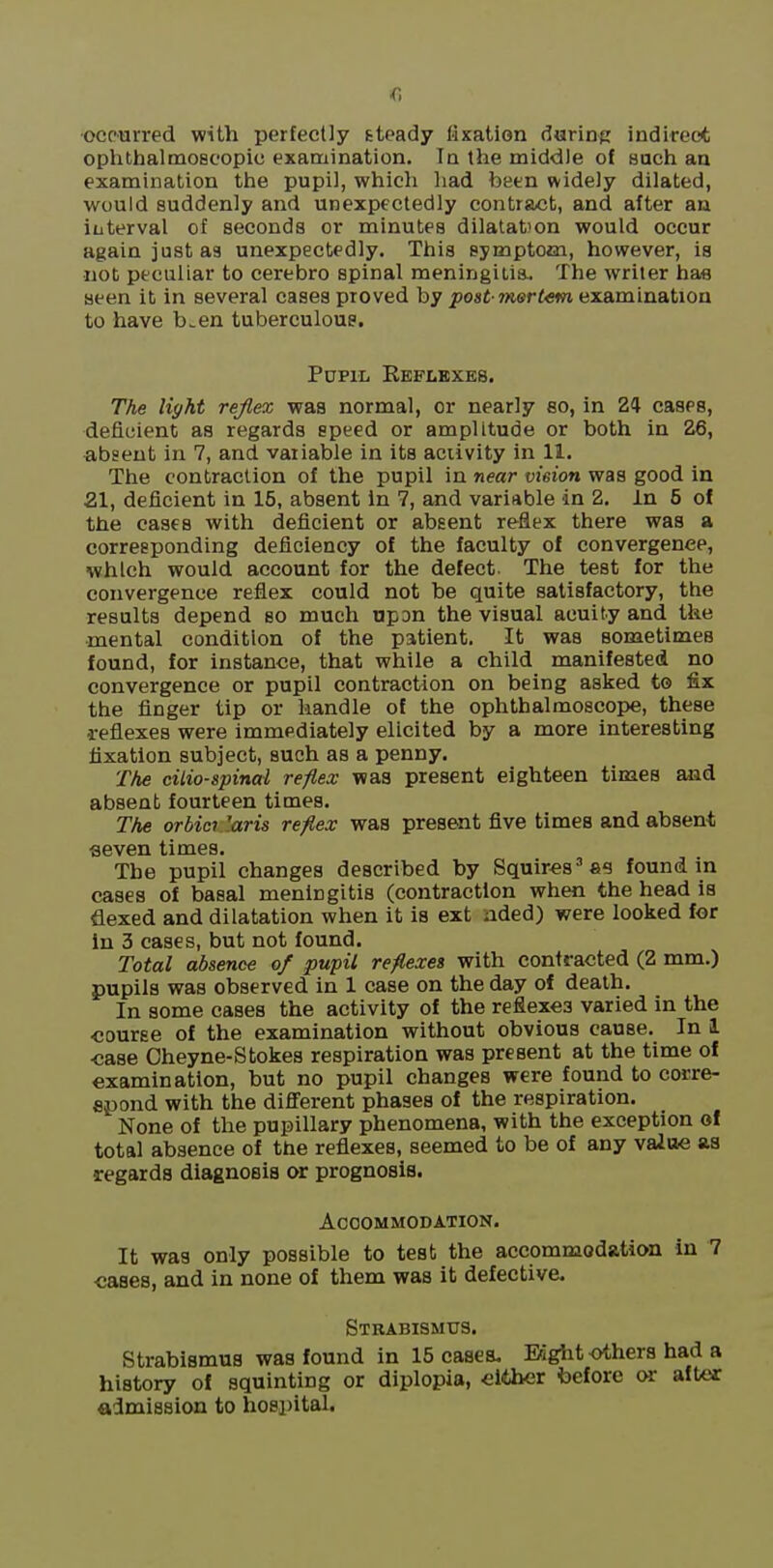occurred with perfectly steady fixation durinp indirect ophthalmoscopic examination. In the middle of auch an examination the pupil, which had been widely dilated, would suddenly and unexpectedly contract, and after an interval of seconds or minutes dilatation would occur again just as unexpectedly. This symptom, however, is not peculiar to cerebro spinal meningitia. The writer haa seen it in several cases proved by post mortem examination to have b^en tuberculous. Pupil Rkflbxes. The light rejlex was normal, or nearly eo, in 24 cases, deficient as regards speed or amplitude or both in 26, absent in 7, and variable in its activity in 11. The contraction of the pupil in near vision was good in 21, deficient in 15, absent in 7, and variable in 2, In 5 of the cases with deficient or absent reflex there was a correeponding deficiency of the faculty of convergence, which would account for the defect. The test for the convergence reflex could not be quite satisfactory, the results depend so much npDn the visual acuity and the mental condition of the patient. It was sometimes found, for instance, that while a child manifested no convergence or pupil contraction on being asked i& fix the finger tip or handle of the ophthalmoscope, these reflexes were immediately elicited by a more interesting fixation subject, such as a penny. The cilio-spinal reflex was present eighteen times and absent fourteen times. The orbici ]aris refiex was present five times and absent seven times. The pupil changes described by Squires'found in cases of basal meningitis (contraction when the head is flexed and dilatation when it is ext aded) were looked for in 3 cases, but not found. Total absence of pupil refiexes with contracted (2 mm.) pupils was observed in 1 case on the day of death. In some cases the activity of the reflexes varied in the course of the examination without obvious cause. In 1 ■case Oheyne-Stokes respiration was present at the time of examination, but no pupil changes were found to corre- apond with the different phases of the respiration. None of the pupillary phenomena, with the exception of total absence of the reflexes, seemed to be of any value as regards diagnosis or prognosis. Accommodation. It was only possible to test the accommodation in 7 cases, and in none of them was it defective. Strabismus. Strabismus was found in 15 cases. Eight others had a history of squinting or diplopia, either before oi- after admission to hospital.