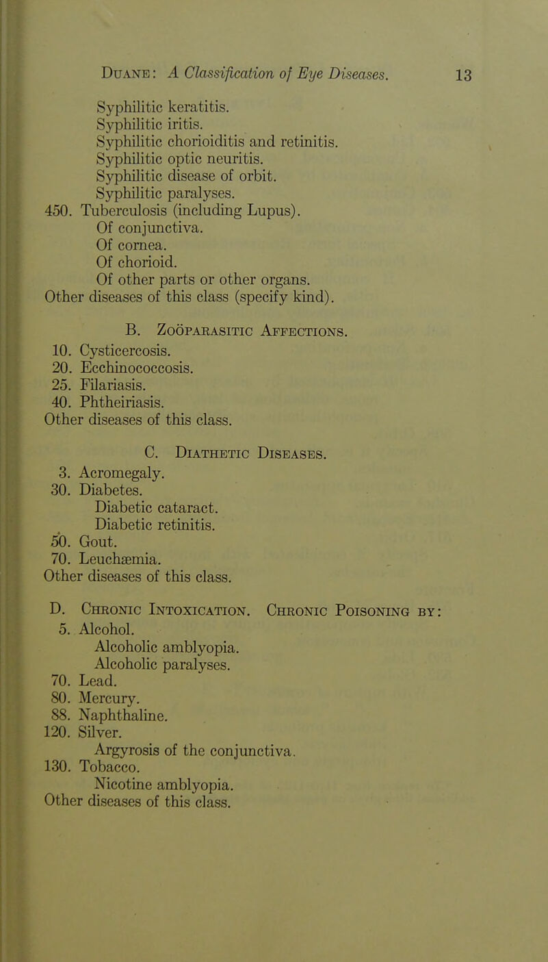 Syphilitic keratitis. Syphilitic iritis. Syphilitic chorioiditis and retinitis. Syphilitic optic neuritis. Syphilitic disease of orbit. Syphilitic paralyses. 450. Tuberculosis (including Lupus). Of conjunctiva. Of cornea. Of chorioid. Of other parts or other organs. Other diseases of this class (specify kind). B. Zooparasite Affections. 10. Cysticercosis. 20. Ecchinococcosis. 25. Filariasis. 40. Phtheiriasis. Other diseases of this class. C. Diathetic Diseases. 3. Acromegaly. 30. Diabetes. Diabetic cataract. Diabetic retinitis. 50. Gout. 70. Leuchsemia. Other diseases of this class. D. Chronic Intoxication. Chronic Poisoning by: 5. Alcohol. Alcoholic amblyopia. Alcoholic paralyses. 70. Lead. 80. Mercury. 88. Naphthaline. 120. Silver. Argyrosis of the conjunctiva. 130. Tobacco. Nicotine amblyopia. Other diseases of this class.