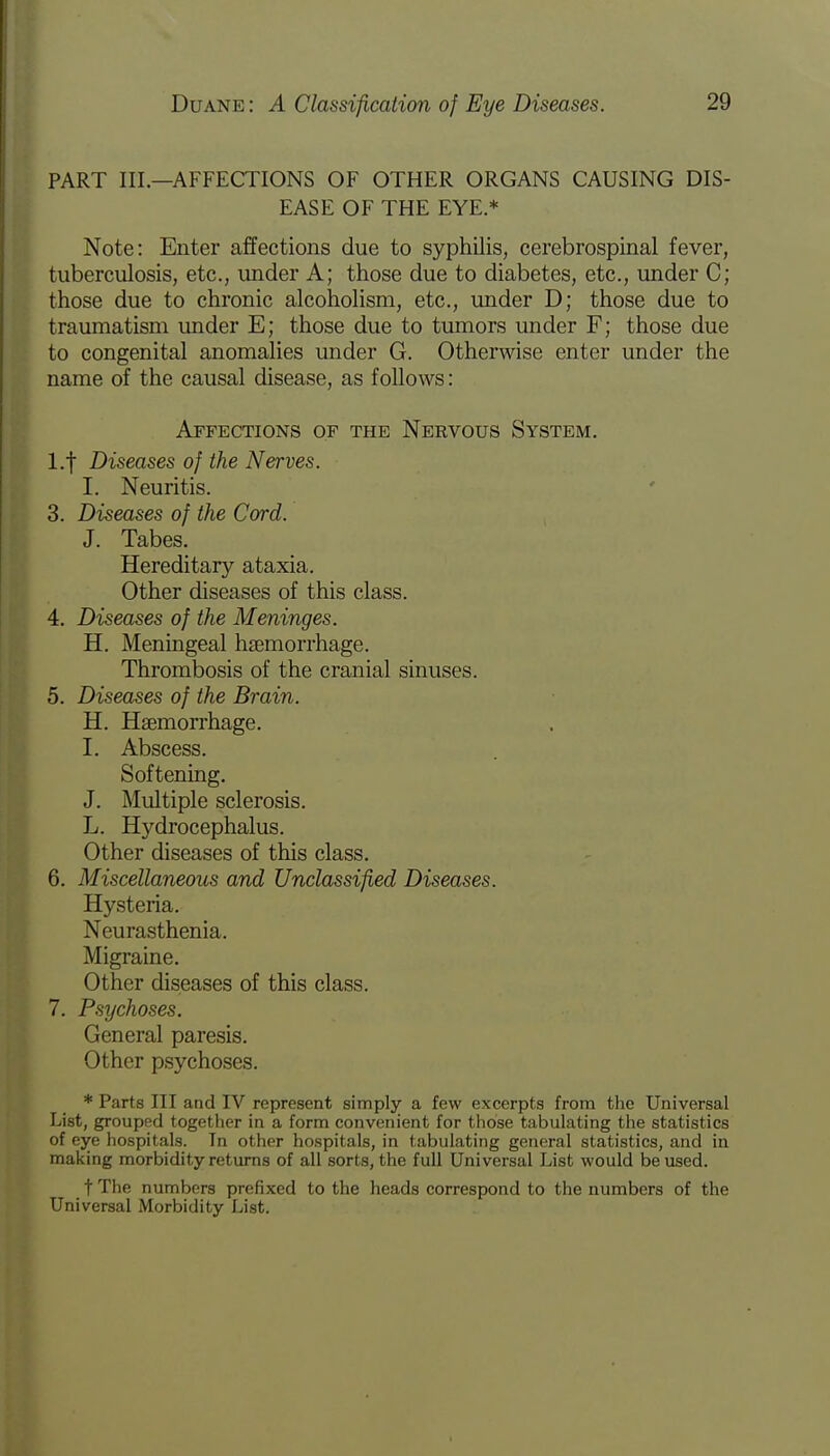 PART III.—AFFECTIONS OF OTHER ORGANS CAUSING DIS- EASE OF THE EYE * Note: Enter affections due to syphilis, cerebrospinal fever, tuberculosis, etc., under A; those due to diabetes, etc., under C; those due to chronic alcoholism, etc., under D; those due to traumatism under E; those due to tumors under F; those due to congenital anomalies under G. Otherwise enter under the name of the causal disease, as follows: Affections of the Nervous System. l.f Diseases of the Nerves. I. Neuritis. 3. Diseases of the Cord. J. Tabes. Hereditary ataxia. Other diseases of this class. 4. Diseases of the Meninges. H. Meningeal haemorrhage. Thrombosis of the cranial sinuses. 5. Diseases of the Brain. H. Haemorrhage. I. Abscess. Softening. J. Multiple sclerosis. L. Hydrocephalus. Other diseases of this class. 6. Miscellaneous and Unclassified Diseases. Hysteria. Neurasthenia. Migraine. Other diseases of this class. 7. Psychoses. General paresis. Other psychoses. * Parts III and IV represent simply a few excerpts from the Universal List, grouped together in a form convenient for those tabulating the statistics of eye hospitals. Tn other hospitals, in tabulating general statistics, and in making morbidity returns of all sorts, the full Universal List would be used. t The numbers prefixed to the heads correspond to the numbers of the Universal Morbidity List.