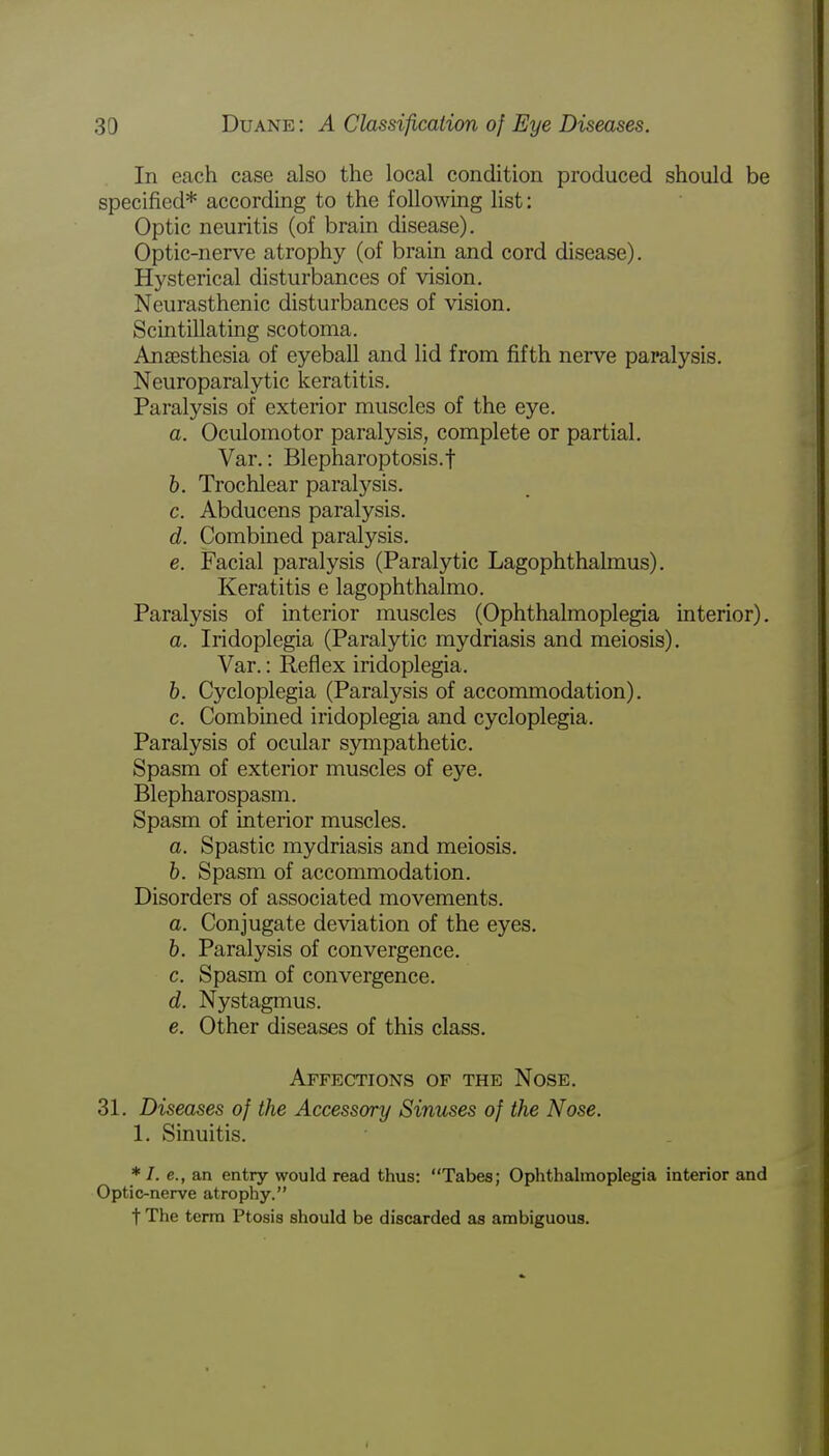 In each case also the local condition produced should be specified* according to the following list: Optic neuritis (of brain disease). Optic-nerve atrophy (of brain and cord disease). Hysterical disturbances of vision. Neurasthenic disturbances of vision. Scintillating scotoma. Anaesthesia of eyeball and lid from fifth nerve paralysis. Neuroparalytic keratitis. Paralysis of exterior muscles of the eye. a. Oculomotor paralysis, complete or partial. Var.: Blepharoptosis.j b. Trochlear paralysis. c. Abducens paralysis. d. Combined paralysis. e. Facial paralysis (Paralytic Lagophthalmus). Keratitis e lagophthalmo. Paralysis of interior muscles (Ophthalmoplegia interior). a. Iridoplegia (Paralytic mydriasis and meiosis). Var.: Reflex iridoplegia. b. Cycloplegia (Paralysis of accommodation). c. Combined iridoplegia and cycloplegia. Paralysis of ocular sympathetic. Spasm of exterior muscles of eye. Blepharospasm. Spasm of interior muscles. a. Spastic mydriasis and meiosis. b. Spasm of accommodation. Disorders of associated movements. a. Conjugate deviation of the eyes. b. Paralysis of convergence. c. Spasm of convergence. d. Nystagmus. e. Other diseases of this class. Affections of the Nose. 31. Diseases of the Accessory Sinuses of the Nose. 1. Sinuitis. */. e., an entry would read thus: Tabes; Ophthalmoplegia interior and Optic-nerve atrophy. t The term Ptosis should be discarded as ambiguous.