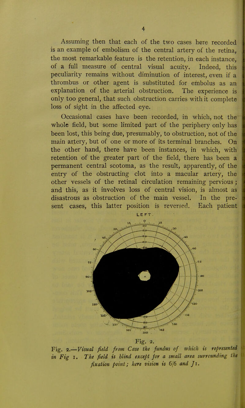 Assuming then that each of the two cases here recorded is an example of embolism of the central artery of the retina, the most remarkable feature is the retention, in each instance, of a full measure of central visual acuity. Indeed, this peculiarity remains without diminution of interest, even if a thrombus or other agent is substituted for embolus as an explanation of the arterial obstruction. The experience is only too general, that such obstruction carries with it complete loss of sight in the affected eye. Occasional cases have been recorded, in which, not the whole field, but some limited part of the periphery only has been lost, this being due, presumably, to obstruction, not of the main artery, but of one or more of its terminal branches. On the other hand, there have been instances, in which, with retention of the greater part of the field, there has been a permanent central scotoma, as the result, apparently, of the entry of the obstructing clot into a macular artery, the other vessels of the retinal circulation remaining pervious ; and this, as it involves loss of central vision, is almost as disastrous as obstruction of the main vessel. In the pre- sent cases, this latter position is reversed. Each patient LEFT. Fig. 2. Fig. 2.—Visual field from Case the fundus of which is represented in Fig I. The field is blind except jor a small area surrounding the fixation point; here vision is 6/6 and Ji.