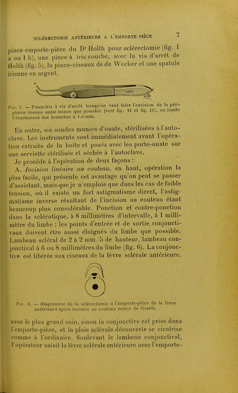 pince emporte-pièce du D Holth pour sclérectomie (fîg. 1 a ou 1 b), une pince à iris courbe, avec la vis d'arrêt de flolth (fig. 5), la pince-ciseaux de de Wecker et une spatule irienne en argent. Fig 5 — Pince-iris à vis d'arrêt lorsqu'on veut faire l'excision de la péri- phérie irienne aussi mince que possible (voir fig. U et fig. 12), on Jimite l'écartement des branches à 1.5 mm. En outre, six sondes munies d'ouate, stérilisées à l'auto- clave. Les instruments sont immédiatement avant l'opéra- tion extraits de la boîte et posés avec les porte-ouate sur une serviette stérilisée et séchée à l'autoclave. Je procède à l'opération de deux façons : A. Incision linéaire au couteau, en haut, opération la plus facile, qui présente cet avantage qu'on peut se passer d'assistant, mais que je n'emploie que dans les cas de faible tension, où il existe un fort astigmatisme direct, l'astig- matisme inverse résultant de l'incision au couteau étant beaucoup plus considérable. Ponction et contre-ponction dans la sclérotique, à 8 millimètres d'intervalle, à 1 milli- mètre du limbe ; les points d'entrée et de sortie,conjoncti- vaux doivent être aussi éloignés du limbe que possible. Lambeau scléral de 2 à 2 mm. 5 de hauteur, lambeau con- jonctival à 6 ou 8 millimètres du limbe (fig. 6). La conjonc- tive est libérée aux ciseaux de la lèvre sclérale antérieure, Fig. 6. — Diagramme de la sclérectomie à l'emporte-pièce de la lèvre antérieure après incision au couteau mince de Graefe. avec le plus grand soin, sinon la conjonctive est prise dans l'emporte-pièce, et la plaie sclérale découverte se cicatrise comme à l'ordinaire. Soulevant le lambeau conjonctival, l'opérateur saisit la lèvre sclérale antérieure avec l'emporte-