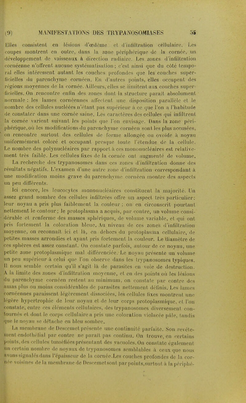 Elles consistent en lésions rroedéme et irindlIrHlion cellulîiiro. Les coupes montrent en outre, dans la zone périphérique <Jo la cornée, un développement de vaisseaux à direction radiaire. Les zones d'infiltration ( ornéenne n'olîrent aucune systématisation ; c'est ainsi que du côté tempo- ral elles intéressent autant les couches profondes que les codclies super- li' ielles du parenchyme cornéen. En d'autres points, elles occupent des ifgions moyennes de la cornée. Ailleurs, elles se iindtentaux couches super- licielles. On rencontre enfin des zones dont la structure parait ahsolument normale : les lames cornéennes airectent une disposition paraJlèlc et le nombre des cellules nucléées n'étant pas supérieur à ce que l'on a l'habitude de constater dans une cornée saine. Les caractères des cellules qui infiltrent la cornée varient suivant les points que l'on envisage. Dans la zone péri- phérique, où les modifications du parenchyme cornéen sont les plus accusées, on renconti-e surtout des cellules de forme allongée ou ovoïde à noyau uniformément coloré et occupant presque toute l'étendue de la cellule. Le nombre des polynucléaires par rapport à ces mononucléaires est relative- ment très faible. Les cellules fixes de la cornée ont augmenlé de volume. La recherche des trypanosomes dans ces zones d'infiltration donne des résultats négatifs. L'examen d'une autre zone d'infiltration correspondant à une modification moins grave du parenchyme cornéen montre des aspects un peu différents. Ici encore, les leucocytes mononucléaires constituent la majorité. Un assez grand nombre des cellules infiltrées offre un aspect très particulier: leur noyau a pris plus faiblement la couleur: on en circonscrit pourtant nettement le contour; le protoplasma a acquis, par contre, un volume consi- ■ dérable et renferme des masses sphériques, de volume variable, et qui ont pris fortement la coloration bleue. Au niveau de ces zone's d'infiltration moyenne, on reconnaît ici et là, en dehors du protoplasma cellulaire, de petites.masses arrondies et ayant pris fortement la couleur. Le diamètre de ces sphères est assez constant. On constate parfois, autour de ce noyau, une petite zone protoplasmique mal différenciée. Le noyau présente un volume un peu supérieur à celui que l'on observe dans les Irypanosomes typiques. Il nous semble certain qu'il s'agit là de parasites en voie de destruction. . A la limite des zones d'infiltralion moyenne, et en des points où les lésions du parenchyme cornéen restent au. minimum, on constate par contre des niiias plus ou moins considérables de parasites nettement définis. Les lames < 'irnéennes paraissent légèrement dissociées, les cellules lixes montrent une I' L'ère hypertrophie de leur noyau et de leur corps protoplasmique, et l'on constate, entre ces éléments cellulaires, des trypanosomes diversement con- (oiu-nés et dont le corps cellidairea pris une coloration violacée pAlc, tandis jMO le noyau se détache en bleu; sombre. La membrane de Descemet présente une continuité parfaite. Son revéle- iiient endoihélial par contre ne paraît pas continu. On trouve, en certains points, des crdlides tuméfiées présentant des vacuoles. On constate également MM certain nombre de noyaux de trypanosomes semblables à ceux que nous avonssignalésdans l'épaisseur de la cornée.Les couches profondes de la cor- née voisines de la membrane de Descemetsonl pai'points,surtout ;i la périphé-