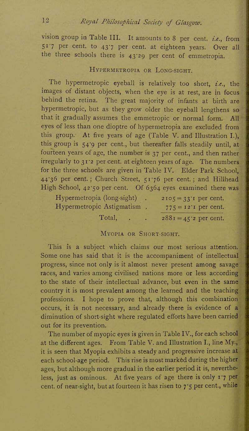 1-2 vision group in Table III. It amounts to 8 per cent, i.e., from 517 per cent, to 437 per cent, at eighteen years. Over all the three schools there is 43-29 per cent of emmetropia. Hypermetropia or Long-sight. The hypermetropic eyeball is relatively too short, i.e., the images of distant objects, when the eye is at rest, are in focus behind the retina. The great majority of infants at birth are hypermetropic, but as they grow older the eyeball lengthens so that it gradually assumes the emmetropic or normal form. All eyes of less than one dioptre of hypermetropia are excluded from this group. At five years of age (Table V. and Illustration I.), this group is 54-9 per cent., but thereafter falls steadily until, at fourteen years of age, the number is 37 per cent., and then rather irregularly to 31'2 per cent, at eighteen years of age. The numbers for the three schools are given in Table IV. Elder Park School, 44^36 per cent.; Church Street, 5176 per cent.; and Hillhead High School, 42-50 per cent. Of 6364 eyes examined there was Hypermetropia (long-sight) . 2105 = 33-1 per cent. Hypermetropic Astigmatism . 775 = 12'r per cent. Total, . . 2881 =45*2 per cent. Myopia or Short-sight. This is a subject which claims our most serious attention. Some one has said that it is the accompaniment of intellectual progress, since not only is it almost never present among savage races, and varies among civilised nations more or less according to the state of their intellectual advance, but even in the same country it is most prevalent among the learned and the teaching professions. I hope to prove that, although this combination occurs, it is not necessary, and already there is evidence of a diminution of short-sight where regulated efforts have been carried out for its prevention. The number of myopic eyes is given in Table IV., for each school at the different ages. From Table V. and Illustration I., line My., it is seen that Myopia exhibits a steady and progressive increase at each school-age period. This rise is most marked during the higher ages, but although more gradual in the earlier period it is, neverthe- less, just as ominous. At five years of age there is only 17 per cent, of near-sight, but at fourteen it has risen to 7-5 per cent., while