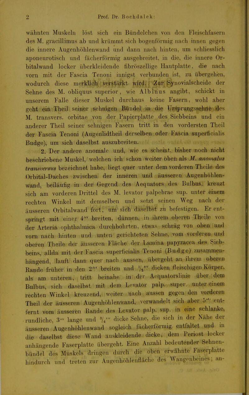 wähnten Muskeln löst sich ein Bündelchen von den Fleischfasern des M. gracülimus ab und krümmt sich bogenförmig nach innen gegen die innere Augenhöhlenwand und dann nach hinten, um schliesslich aponeurotisch und fächerförmig ausgebreitet, in die, die innere Or- bitalwand locker überkleidende fibröszellige Hautplatte, die nach vorn mit der Fascia Tenoni innigst verbunden ist, zu übergehen, wodurch diese merklich verstärkt wird. Zur Synovialscheide der Sehne des M. obliquus superior, wie Albmus angibt, schickt in unserem Falle dieser Muskel durchaus keine Fasern, wohl aber geht ein Theil seiner sehnigen Bündel in die Ursprungssehne jjes M. transvers. orbitae von der Papierplatte des Siebbeins und ein anderer Theil seiner sehnigen Fasern tritt in den vordersten Theil der Fascia Tenoni (Augenlidtheil derselben oder Fascia superficialis Budge), um sich daselbst auszubreiten. 2. Der andere anomale und, wie es scheint, bisher noch nicht beschriebene Muskel, welchen ich schon weiter oben als M. anomalus transversus bezeichnet habe, liegt quer unter dem vorderen Theile des Orbital-Daches zwischen der inneren und äusseren Augenhöhlen- wand, beiläufig in der Gegend des Aequators des Bulbus, kreuzt sich am vorderen Drittel des M. levator palpebrae sup. unter einem rechten Winkel mit demselben und setzt seinen Weg nach der äusseren Orbitalwand fort , um sich daselbst zu befestigen. Er ent- springt mit einer V breiten, dünnen, in ihrem oberen Theile von der Arteria ophthalmica durchbohrten, etwas schräg von oben und vorn nach hinten und unten gelichteten Sehne, vom vorderen und oberen Theile der äusseren Fläche der Lamina papyracea des Sieb- beins, allda mit der Fascia superficialis Tenoni (Budge) zusammen- hängend, lauft dann quer nach aussen, übergeht an ihrem oberen Rande früher in den 2' breiten und dicken fleischigen Körper, als am unteren, tritt beinahe in der Aequatorslinie über dem Bulbus, sich daselbst mit dem Levator palp. super, unter einem rechten Winkel kreuzend, weiter nach aussen gegen den vorderen Theil der äusseren Augenhöhlenwand, verwandelt sich aber 5' ent- fernt vom äusseren Bande des Levator palp. sup. in eine schlanke, rundliche, 3< lange und dicke Sehne, die sich in der Nähe der äusseren Augenhöhlenwand sogleich fächerförmig entfaltet und in die daselbst diese Wand auskleidende dicke, dem Periost locker anhängende Faserplatte übergeht. Eine Anzahl bedeutender Sehnen- bündel des Muskels dringen durch die oben erwähnte Faserplatte hindurch und treten zur Augenhöhlenfläche des Wangenbeines; an-