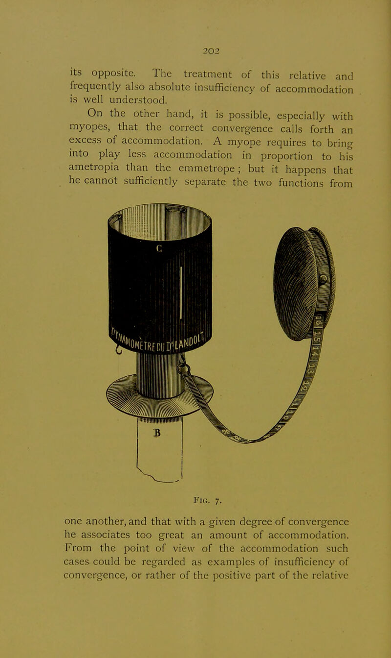 its opposite. The treatment of this relative and frequently also absolute insufficiency of accommodation is well understood. On the other hand, it is possible, especially with myopes, that the correct convergence calls forth an excess of accommodation. A myope requires to bring into play less accommodation in proportion to his ametropia than the emmetrope; but it happens that he cannot sufficiently separate the two functions from Fig. 7. one another, and that with a given degree of convergence he associates too great an amount of accommodation. From the point of view of the accommodation such cases could be regarded as examples of insufficiency of convergence, or rather of the positive part of the relative