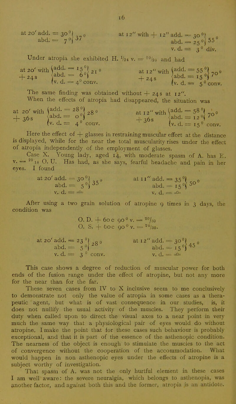 v. d. = 3 0 div. Under atropia she exhibited H. V24 v. = -°/2o and had The same finding was obtained without + 24s at 12. When the effects of atropia had disappeared, the situation was Here the effect of -f- glasses in restraining muscular effort at the distance is displayed, while for the near the total muscularity rises under the effect of atropia independently of the employment of glasses. Case X. Young lady, aged 14, with moderate spasm of A. has E. v. = °i8 O. U. Has had, as she says, fearful headache and pain in her eyes. I found After using a two grain solution of atropine 9 times in 3 days, the condition was This case shows a degree of reduction of muscular power for both ends of the fusion range under the effect of atropine, but not any more for the near than for the far. These seven cases from IV to X inclusive seem to me conclusively to demonstrate not only the value of atropia in some cases as a thera- peutic agent, but what is of vast consequence in our studies, is, it does not nullify the usual activity of the muscles. They perform their duty when called upon to direct the visual axes to a near point in very much the same way that a physiological pair of eyes would do without atropine. I make the point that for these cases such behaviour is probably exceptional, and that it is part of the essence of the asthenopic condition. The nearness of the object is enough to stimulate the muscles to the act of convergence without the cooperation of the accommodation. What would happen in non asthenopic eyes under the effects of atropine is a subject worthy of investigation. That spasm of A. was not the only hurtful element in these cases I am well aware: the severe neuralgia, which belongs to asthenopia, was another factor, and against both this and the former, atropia is an antidote. at 20' add. — 30 °) abd. = 5 °j 35 v>d,===a= (i at 20' add. abd. v. d. oj 45 0