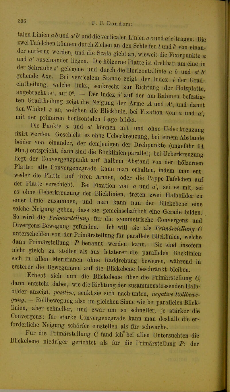 talen Linien a b und a'b' und die verticalen Linien a c und a' fragen Die zwei Tafelchen können durch Ziehen an den Schleifen l und V von einan- der entfernt werden, und die Scala giebt an, wieweit die Fixirpunkte « und «' auseinander liegen. Die hölzerne Platte ist drehbar um eine in der Schraube s' gelegene und durch die Horizontallinie a b und a' Zu- gehende Axe. Bei vertiertem Stande zeigt der Index i der Grad- einteilung, welche links, senkrecht zur Richtung der Holzplatte, angebracht ist, auf 0°. - Der Index i> auf der am Kähmen befestig- ten Gradtheilung zeigt die Neigung der Arme A und A\ und damit den Winkel s an, welchen die Blicklinie, bei Fixation von a und a' mit der primären horizontalen Lage bildet. Die Punkte a und a' können mit und ohne Uebeikrcuzung fixirt werden. Geschieht es ohne Ueberkreuzung, bei einem Abstände beider von einander, der demjenigen der Drehpunkte (ungefähr 64 Mm.) entspricht, dann sind die Blicklinien parallel; bei Ueberkreuzun- liegt der Convergenzpunkt auf halbem Abstand von der hölzernen Platte: alle Convergenzgrade kann man erhalten, indem man ent- weder die Platte auf ihren Armen, oder die Pappe-Täfelchen auf der Platte verschiebt. Bei Fixation von a und sei es mit sei es ohne Ueberkreuzung der Blicklinien, treten zwei Halbbilder zu einer Linie zusammen, und man kann nun der Blickebene eine solche Neigung geben, dass sie. gemeinschaftlich eine Gerade bilden. So wird die Primärstellung für die symmetrische Convergenz und Divergenz-Bewegung gefunden. Ich will sie als Primärstellung C unterscheiden von der Primärstellung für parallele Blicklinien, welche dann Primärstellung P benannt werden kann. Sie sind insofern nicht gleich zu stellen als aus letzterer die parallelen Blicklinien sich in allen Meridianen ohne Raddrehung bewegen, während in ersterer die Bewegungen auf die Blickebene beschränkt bleiben. Erhebt sich nun die Blickebene über die Primärstellung C, dann entsteht dabei, wie die Richtung der zusammenstossenden Halb- bilder anzeigt, positive, senkt sie sich nach unten, negative Rollbewe- gung, — Rollbewegung also im gleichen Sinne wie bei parallelen Blick- linien, aber schneller, und zwar um so schneller, je stärker die Convergenz: für starke Convergenzgrade kann man deshalb die er- forderliche Neigung schärfer einstellen als für schwache. Für die Primärstellung C fand ich* bei allen Untersuchten die Blickebene niedriger gerichtet als für die Primärstellung P: der