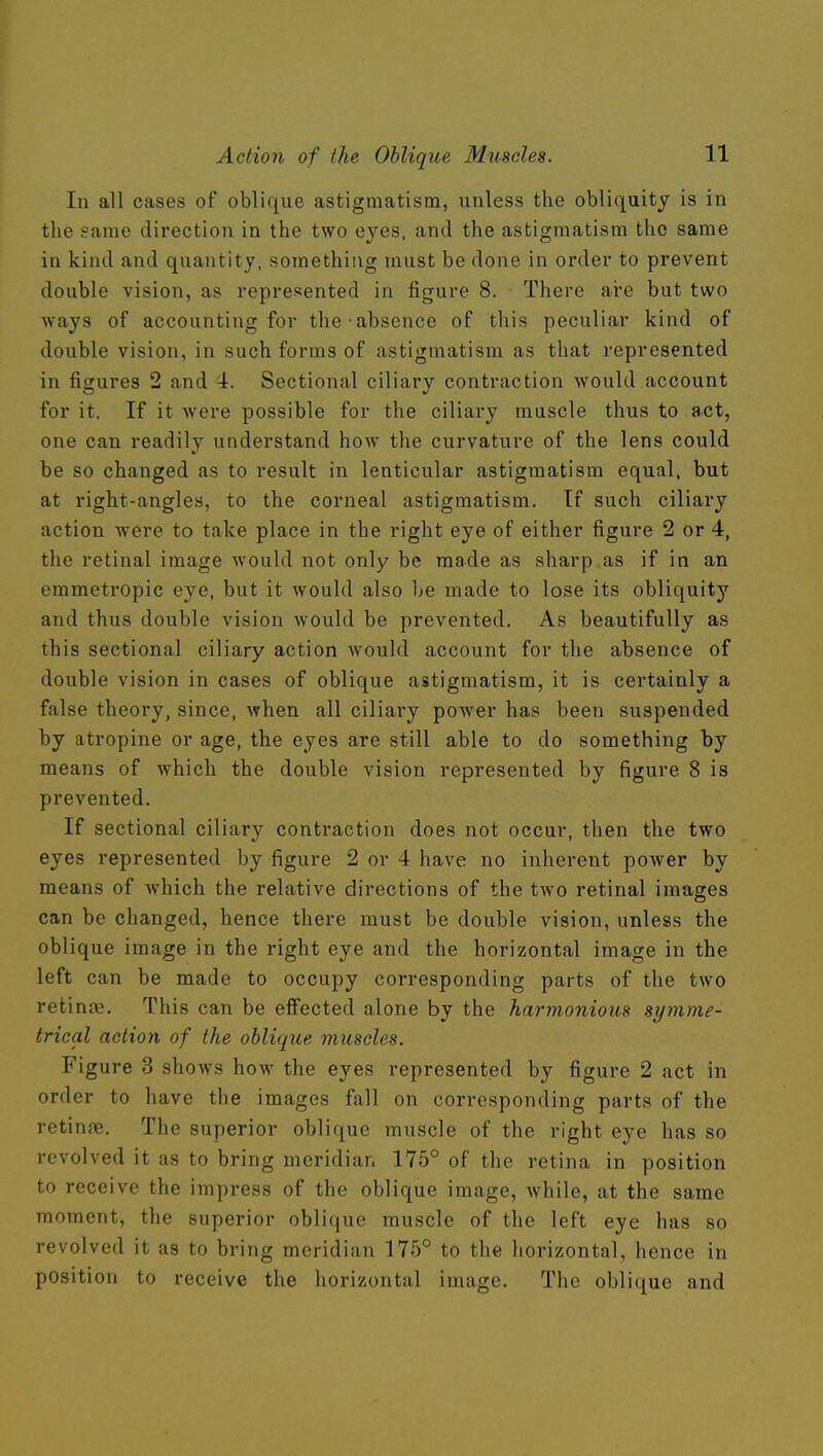 In all cases of oblique astigmatism, unless the obliquity is in the game direction in the two eyes, and the astigmatism the same in kind and quantity, something must be done in order to prevent double vision, as represented in figure 8. There are but two ways of accounting for the absence of this peculiar kind of double vision, in such forms of astigmatism as that represented in figures 2 and 4. Sectional ciliary contraction would account for it. If it were possible for the ciliary muscle thus to act, one can readily understand how the curvature of the lens could be so changed as to result in lenticular astigmatism equal, but at right-angles, to the corneal astigmatism. If such ciliary action were to take place in the right eye of either figure 2 or 4, the retinal image would not only be made as sharp as if in an emmetropic eye, but it Avould also be made to lose its obliquity and thus double vision would be prevented. As beautifully as this sectional ciliary action would account for the absence of double vision in cases of oblique astigmatism, it is certainly a false theory, since, when all ciliary power has been suspended by atropine or age, the eyes are still able to do something by means of which the double vision represented by figure 8 is prevented. If sectional ciliary contraction does not occur, then the two eyes represented by figure 2 or 4 have no inherent power by means of which the relative directions of the two retinal images can be changed, hence there must be double vision, unless the oblique image in the right eye and the horizontal image in the left can be made to occupy corresponding parts of the two retin?e. This can be eflfected alone by the harmonious symme- trical action of the oblique muscles. Figure 3 shows how the eyes represented by figure 2 act in order to have the images fall on corresponding parts of the retinfe. The superior oblique muscle of the right eye has so revolved it as to bring meridian 175° of the retina in position to receive the impress of the oblique image, while, at the same moment, the superior oblique muscle of the left eye has so revolved it as to bring meridian 175° to the horizontal, hence in position to receive the horizontal image. The oblique and