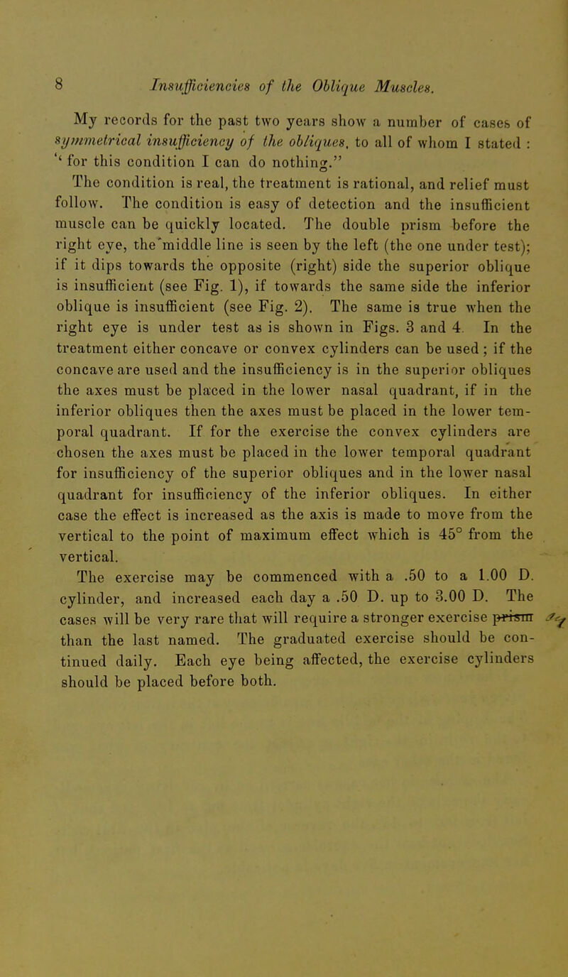 My records for the past two years show a number of cases of symmetrical insufficiency of the ohliques, to all of whom I stated : '' for this condition I can do nothing. The condition is real, the treatment is rational, and relief must follow. The condition is easy of detection and the insufficient muscle can be quickly located. The double prism before the right eye, the'middle line is seen by the left (the one under test); if it dips towards the opposite (right) side the superior oblique is insufficient (see Fig. 1), if towards the same side the inferior oblique is insufficient (see Fig. 2). The same is true when the right eye is under test as is shown in Figs. 3 and 4. In the treatment either concave or convex cylinders can be used ; if the concave are used and the insufficiency is in the superior obliques the axes must be placed in the lower nasal quadrant, if in the inferior obliques then the axes must be placed in the lower tem- poral quadrant. If for the exercise the convex cylinders are chosen the axes must be placed in the lower temporal quadrant for insufficiency of the superior obliques and in the lower nasal quadrant for insufficiency of the inferior obliques. In either case the effect is increased as the axis is made to move from the vertical to the point of maximum effect which is 45° from the vertical. The exercise may be commenced with a .50 to a 1.00 D. cylinder, and increased each day a .50 D. up to 3.00 D. The cases will be very rare that will require a stronger exercise pj4sm than the last named. The graduated exercise should be con- tinued daily. Each eye being affected, the exercise cylinders should be placed before both.