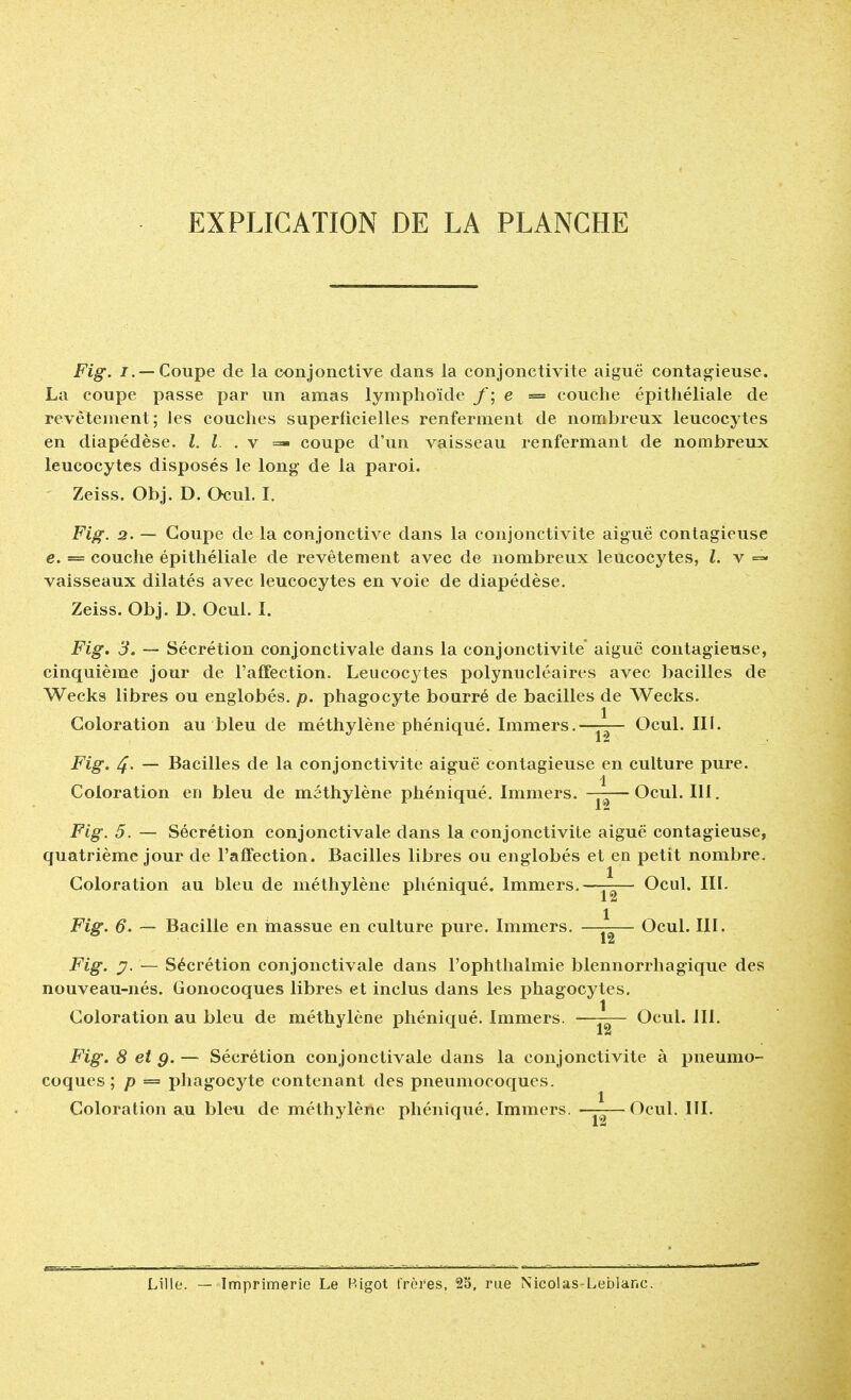 EXPLICATION DE LA PLANCHE Fig. /. — Coupe de la conjonctive dans la conjonctivite aiguë contagieuse. La coupe passe par un amas lymphoïde f;e= couche épithéliale de revêtement; les couches superficielles renferment de nombreux leucocytes en diapédèse. I. I. . v =- coupe d'un vaisseau renfermant de nombreux leucocytes disposés le long de la paroi. Zeiss. Obj. D. Ocul. I. Fig. 2. — Coupe de la conjonctive dans la conjonctivite aiguë contagieuse e. = couche épithéliale de revêtement avec de nombreux leucocytes, l. v =» vaisseaux dilatés avec leucocytes en voie de diapédèse. Zeiss. Obj. D. Ocul. I. Fig. 3. — Sécrétion conjonctivale dans la conjonctivite aiguë contagieuse, cinquième jour de l'affection. Leucocytes polynucléaires avec bacilles de Wecks libres ou englobés, p. phagocyte bourré de bacilles de Wecks. Coloration au bleu de méthylène phéniqué. Immers. ^ Ocul. III. Fig. 4- — Bacilles de la conjonctivite aiguë contagieuse en culture pure. 1 Coloration en bleu de méthylène phéniqué. Immers. —— Ocul. III. Fig. 5. — Sécrétion conjonctivale dans la conjonctivite aiguë contagieuse, quatrième jour de l'affection. Bacilles libres ou englobés et en petit nombre. Coloration au bleu de méthylène phéniqué. Immers.——— Ocul. III. Fig. 6. — Bacille en massue en culture pure. Immers. —— Ocul. III. Fig. J7- — Sécrétion conjonctivale dans l'ophthalmie blennorrhagique des nouveau-nés. Gonocoques libres et inclus dans les phagocytes. Coloration au bleu de méthylène phéniqué. Immers. ——— Ocul. III. Fig. 8 et g. — Sécrétion conjonctivale dans la conjonctivite à pneumo- coques ; p = phagocyte contenant des pneumocoques. Coloration au bleu de méthylène phéniqué. Immers. ———Ocul. III. Lille. — Imprimerie Le Bigot frères, 25, rue Nicolas-Leblanc.