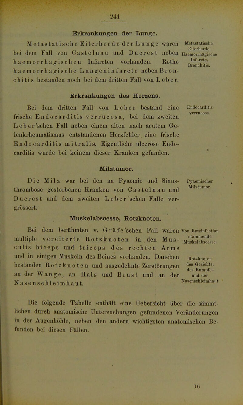 Erkrankungen der Lunge. M etastatische Eiterherd e der Lu nge waren Mctastatischc Eiterherde. bei dem Fall von C a s t e 1 n a u und U u c r e s t neben Haemorrhagische haemorr hagischen Infarcten vorhanden. Rothe T,Intar1c.t' ° Bronchitis. haemorrhagische Lungeninfarcte neben Bron- chitis bestanden noch bei dem dritten Fall von Leber. Erkrankungen des Herzens. Bei dem dritten Fall von Leber bestand eine frische Endocarditis verrucosa, bei dem zweiten Leb er'sehen Fall neben einem alten nach acutem Ge- lenkrheumatismus entstandenen Herzfehler eine frische Endocarditis mitralis. Eigentliche ulceröse Endo- carditis wurde bei keinem dieser Kranken gefunden. Endocarditis verrucosa. Milztumor. Die Milz war bei den an Pyaemie und Sinus- thrombose gestorbenen Kranken von Castelnau und Du er est und dem zweiten Leber'sehen Falle ver- größert. Muskelabscesse, Rotzknoten. Bei dem berühmten v. Gräfe'sehen Fall waren multiple vereiterte Rotzknoten in den Mus- eulis bieeps und trieeps des rechten Arms und in einigen Muskeln des Beines vorhanden. Daneben bestanden Rotzknoten und ausgedehnte Zerstörungen an der Wange, an Hals und Brust und an der Nasenschleimhaut. Pyaemischer Milztumor. Von Rotzinfection stammende Muskelahsccsse. Rotzknoten des Gesichts, des Rumpfes und der Nascnschleimhaut Die folgende Tabelle enthält eine Uebersicht über die aämmt- lichen durch anatomische Untersuchungen gefundenen Veränderungen in der Augenhöhle, neben den andern wichtigsten anatomischen Be- funden bei diesen Fällen. 10