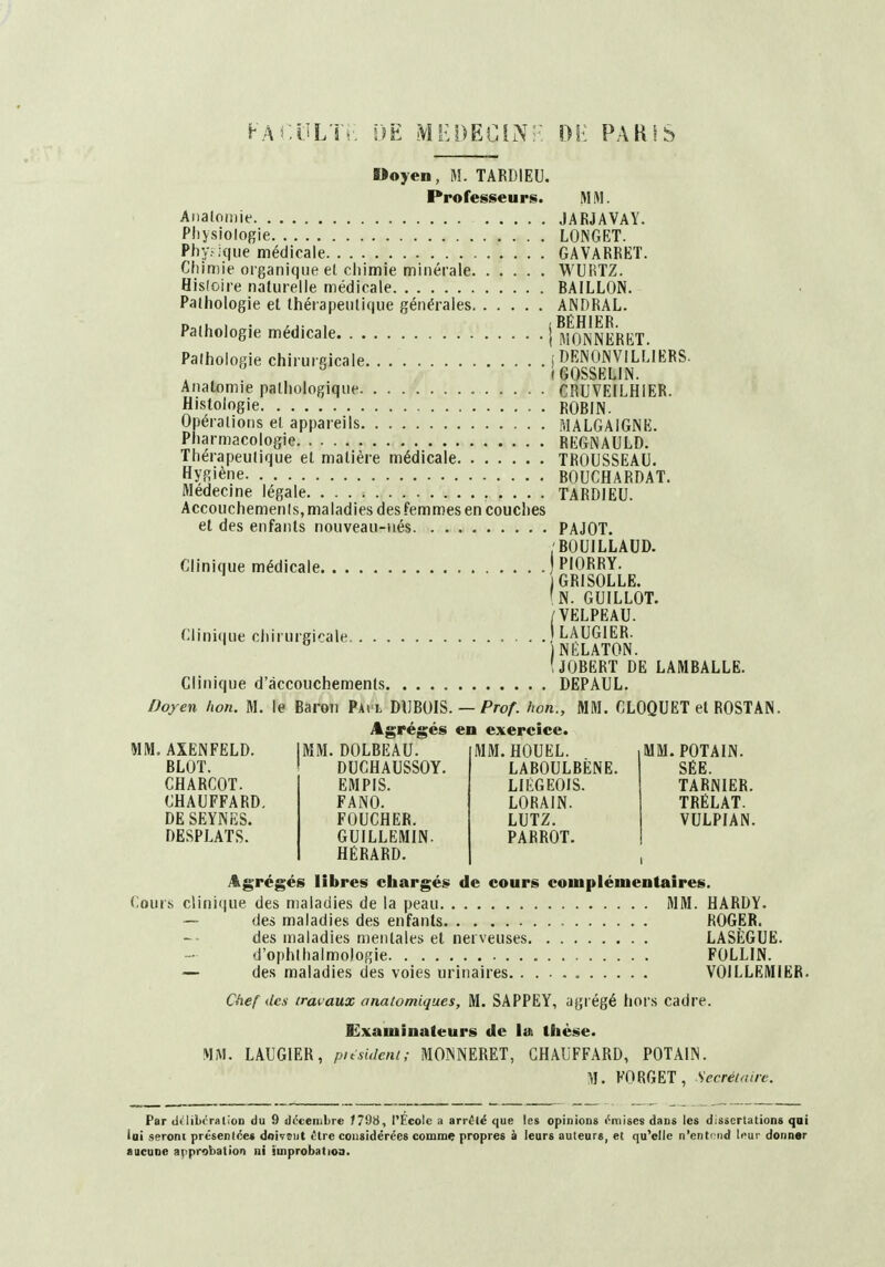 Doyen, M. TARDIEU. Professeurs. MM. Arialomie JARJAVAY. Pliysiologie LONGET. Pliy. iqiie médicale GAVARRET. Chimie organique el ciiimie minérale WURTZ. Hisloire naturelle médicale BAILLON. Pathologie et thérapeutique générales ANDRAL. Pathologie médicale ISnERET. Pathologie chirureicale j DENONVILLIERS. ^ (GOSSELIN. Anatomie pathologique CRUVEILHIER. Histologie ROBIN. Opérations el appareils .^lALGAIGNE. Pharmacologie REGNAULD. Thérapeutique et matière médicale TROUSSEAU. Hysiène BOUCHARDAT. Médecine légale TARDIEU. Accouchemenis, maladies des femmes en couclies et des enfants nouveau-nés PAJOT. BOUILLAUD. Clinique médicale PIORRY. 1 GRISOLLE. 'N. GUILLOT. /VËLPEAU. Clini(|ue chirurgicale LAUGIER. jNELATON. (JOBERT DE LAMBALLE. Clinique d'accouchements DEPAUL. Doren hon. M. le Baron Pai l DUBOIS. — ProA Iwn., MM. CLOQUET et ROSTAN. Agrégés en exerciee. MM. AXENFELD. BLOT. CHARCOT. CHAUFFARD. DE SEYNES. DESPLATS. ,DOLBEAU. DUCHAUSSOY. EMPIS. FANO. FOUCHER. GUILLEMIN. HÉRARD. MM. HOUEL. LABOULBÈNE. LIÉGEOIS. LORAIN. LUTZ. PARROT. MM.POTAIN. SÉE. TARNIER. TRËLAT. VULPIAN. Agrégés libres chargés de eours complémentaires. clinique des maladies de la peau MM. HARDY. — des maladies des enfants ROGER. des maladies mentales et nerveuses LASÈGUE. d'ophlhalmologie FOLLIN. — des maladies des voies urinaires VOILLEMIER. Chef des travaux anatomiques, M. SAPPEY, agrégé hors cadre. Examinateurs de la thèse. MiM. LAUGIER, pnsideni; MONNERET, CHAUFFARD, POTAIN. M. FORGET , Secrétaire. Par lidibcralion du 9 détembre f 798, l'École a arrêté que les opinions Omises dans les dissertations qoi iai seront prêsenlc^e* doiveut tire considérées comme propres à leurs auteurs, et qu'elle n'entend ti>ur donner aucune approbation ni improbatioa.