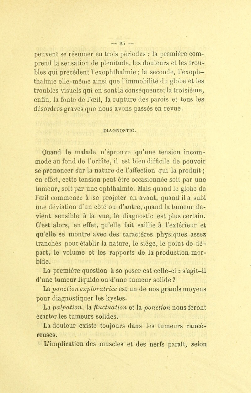 peuvent se résumer en trois périodes : la première com- prend la sensation de plénitude, les douleurs et les trou- bles qui précèdent l'exophtlialmie ; la seconde, l'exoph- thalmie elle-même ainsi que l'immobilité du globe et les troubles visuels qui en sont la conséquence; la troisième, enfin, la fonte de l'œil, la rupture des parois et tous les désordres graves que nous avons passés en revue. DIAGNOSTIC. Quand le inalade n'épcouve qu'une tension incom- mode au fond de l'orbite, il est bien difficile de pouvoir se prononcer sur la nature de l'affection qui la produit ; en effet, cette tension peut être occasionnée soit par une tumeur, soit par une ophthalmie. Mais quand le globe de l'œil commence à se projeter en avant, quand il a subi une déviation d'un côté ou d'autre, quand la tumeur de- vient sensible à la vue, le diagnostic est plus certain. C'est alors, en effet, qu'elle fait saillie à l'extérieur et qu'elle se montre avec des caractères physiques assez tranchés pour établir la nature, le siège, le point de dé- part, le volume et les rapports de la production mor- bide. La première question à se poser est celle-ci : s'agit-il d'une tumeur liquide ou d'une tumeur solide ? La. ponction exploratrice est un de nos grands moyens pour diagnostiquer les kystes. La palpation, la fluctuation et la ponction nous feront écarter les tumeurs solides. La douleur existe toujours dans les tumeurs cancé- reuses. L'implication des muscles et des nerfs paraît, selon