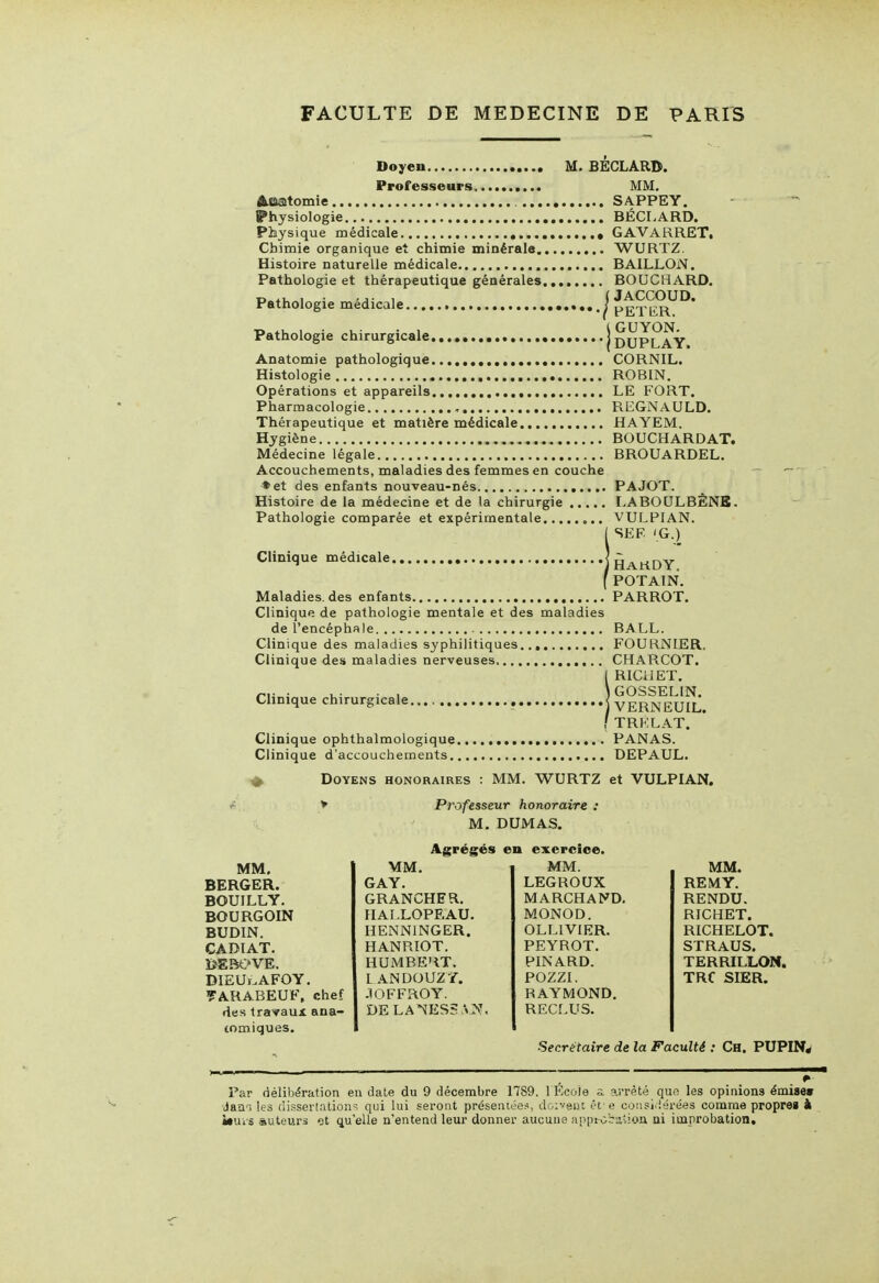 Doyen M. BËCLARD. Professeurs MM. ABffltomie SA.PPEY. Physiologie BÉCI^ARD. Physique médicale GAVARRET. Chimie organique et chimie minérale WURTZ. Histoire naturelle médicale BAILLON, Pathologie et thérapeutique générales BOUCHARD. Pathologie médicale / peSSi^^* Pathologie chirurgicale joUPLAY. Anatomie pathologique CORNIL. Histologie ROBIN. Opérations et appareils LE FORT. Pharmacologie , REGNAULD. Thérapeutique et matière médicale HAYEM. Hygiène BOUCHARDAT. Médecine légale BROUARDEL. Accouchements, maladies des femmes en couche ♦ et des enfants nouveau-nés PAJOT. Histoire de la médecine et de la chirurgie LABOULBÈNB. Pathologie comparée et expérimentale VULPIAN. I SEF 'G.) Clinique médicale.,......, 1 Hardy. fPOTAlN. Maladies, des enfants PARROT. Clinique de pathologie mentale et des maladies de l'encéphale BALL. Clinique des maladies syphilitiques FOURNIER. Clinique des maladies nerveuses CHAPiCOT. I Rica ET. . u- ■ I \gosselin. Clinique chirurgicale VERNEUIL. ( TRKLAT. Clinique ophthalmologique PANAS. Clinique d'accouchements DEPAUL. Doyens honoraires : MM. WURTZ et VULPIAN. > Professeur honoraire : M. DUMAS. MM. BERGER. BOUILLY. BOURGOIN BUDIN. CADIAT. DIEUi.AFOY, 7ARABEUF, chef des tra'^aux ana- tomiques. Agrégés MM. GAY. GRANCHER. HALLOPF.AU. HENNINGER. HANRIOT. HUMBEHT. L ANDOUZY. JOFFROY. DELANESSàN, en exercice. MM. LEGROUX MARCHAND. MONOD. OLLIVIER. PEYROT. PINARD. POZZI. RAYMOND. RECLUS. MM. RE M Y. RENDU. RICHET. RICHELOT. STRAUS. TERRILLON. TRC SIER. Secrétaire de la Faculté : Ch. PUPINw Par délibération en dale du 9 décembre 1789. 1 Ecole Jam les disseilation=^ qui lui seront présentée.-s, doi-'eiu ••vus «uteurs ot qu'elle n'entend leur donner aucune an] ■été que les opinions émise» ousi l'^.'riies comme propre» à ion ai improbation.