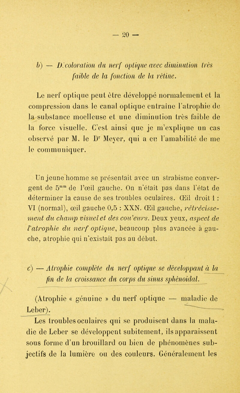 b) — Décoloration du nerf optique avec diminution très faible de la fonction de la rétine. Le nerf optique peut être développé normalement et la compression dans le canal optique entraîne l'atrophie de la substance moelleuse et une diminution très faible de la force visuelle. C'est ainsi que je m'explique un cas observé par M. le Dr Meyer, qui a eu l'amabilité de me le communiquer. Un jeune homme se présentait avec un strabisme conver- gent'de 5mm de l'œil gauche. On n'était pas dans l'état de déterminer la cause de ses troubles oculaires. Œil droit 1 : VI (normal), œil gauche 0,5 : XXN. Œil gauche, rétrécisse- ment du champ visuel et des couleurs. Deux yeux, aspect de t atrophie du nerf optique, beaucoup plus avancée à gau- che, atrophie qui n'existait pas au début. c) —Atrophie complète du nerf optique se développant à la fin de la croissance du corps du sinus sphènoidal. (Atrophie « génuine » du nerf optique — maladie de Leber). Les troubles oculaires qui se produisent dans la mala- die de Leber se développent subitement, ils apparaissent sous forme d'un brouillard ou bien de phénomènes sub- jectifs de la lumière ou des couleurs. Généralement les