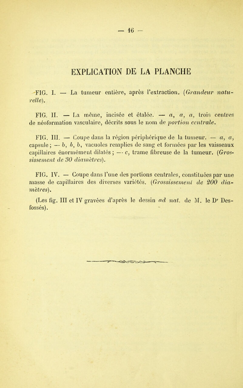 EXPLICATION DE LA PLANCHE F1G. I. — La tumeur entière, après l'extraction. (Grandeur natu- relle). FIG. II. -— La même, incisée et étalée. — a, a, a, trois centres de néoformation vasculaire, décrits sous le nom de portion centrale. FIG. III. — Coupe dans la région périphérique de la tumeur. — a, a, capsule; — b, b1 b, vacuoles remplies de sang et formées par les vaisseaux capillaires énormément dilatés; —- c, trame fibreuse de la tumeur. (Gros- sissement de 30 diamètres). FIG. IV. — Coupe dans Tune des portions centrales, constituées par une masse de capillaires des diverses variétés. (Grossissement de WO dia- mètres). (Les fig. III et IV gravées d'après le dessin ad nat. de M. le Dr Des- fossés).