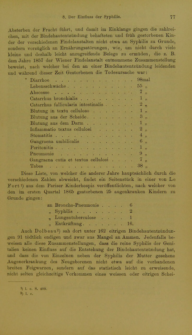 Absterben der Frucht führt, und damit im Einklänge gingen die zahlrei- chen, mit der Bindehautentzündung behafteten und früh gestorbenen Kin- der der verschiedenen Findelanstalten nicht etwa an Syphilis zu Grunde, sondern vorzüglich an Ernährungsstörungen, wie, um nicht durch viele kleine und deshalb leicht anzugreifende Belege zu ermüden, die z. B. dem Jahre 1857 der Wiener Findelanstalt entnommene Zusammenstellung beweist, nach welcher bei den an einer Bindehautentzündung leidenden und während dieser Zeit Gestorbenen die Todesursache war: • Diarrhoe 98mal Lebensschwäche 55 „ Abscesse • • 7 „ Catarrhus bronchialis 1 „ Catarrhus follicularis intestinalis 2 „ Blutung in textu celluloso 1 „ Blutung aus der Scheide 3 „ Blutung aus dem Darm 1 „ Inflammatio textus cellulosi 2 „ Stomatitis 4 „ Gangraena umbilicalis 6 „ Peritonitis 1 „ Pneumonie 9 „ Gangraena cutis et textus cellulosi .... 7 „ Tabes 38 „ Diese Liste, von welcher die anderer Jahre hauptsächlich durch die verschiedenen Zahlen abweicht, findet ein Seitenstück in einer von Le Fort1) aus dem Pariser Kinderhospiz veröffentlichten, nach welcher von den im ersten Quartal 1865 gestorbenen 25 augenkranken Kindern zu Grunde gingen: an Broncho-Pneumonie .... 6 „ Syphilis 2 „ Lungentuberculose .... 1 „ Entkräftung 16. Auch Dolbeau2) sah dort unter 162 eitrigen Bindehautentzündun- gen 91 tödtlich endigen und zwar aus Mangel an Ammen. Jedenfalls be- weisen alle diese Zusammenstellungen, dass die reine Syphilis der Geni- talien keinen Einfluss auf die Entstehung der Bindehautentzündung hat, und dass die von Einzelnen neben der Syphilis der Mutter gesehene Augenerkrankung des Neugeborenen nicht etwa auf die vorhandenen breiten Feigwarzen, sondern auf das statistisch leicht zu erweisende, nicht selten gleichzeitige Vorkommen eines weissen oder eitrigen Schei- i) l. c. 8. 409. '*) L c.