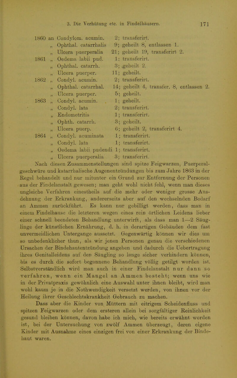 1860 an Condylom, acumin. 2 transferirt. ii Ophthal, catarrhalis 9; geheilt 8, entlassen 1. )i Ulcera puerperalia 21; geheilt 19, transferirt 2. 1861 71 Oedema labii pud. 1 transferirt. >: Ophthal, catarrh. 3 .geheilt 2. 11 Ulcera puerper. 11 geheilt. 1862 )i Condyl. acumin. 2; transferirt. )) Ophthal, catarrhal. 14 ; geheilt 4, transfer. 8, entlassen 2. 11 Ulcera puerper. 5 ; geheilt. 1863 Condyl. acumin. 1. geheilt. » Condjd. lata 2; transferirt. ii Endometritis 1 transferirt. ii Ophth. catarrh. 3 , geheilt. ii Ulcera puerp. 6 gebeilt 2, transferirt 4. 1864 ii Condyl. acuminata 1 ; transferirt. ii Condyl. lata 1 ; transferirt. ii Oedema labii pudendi 1 ; transferirt. ii Ulcera puerperalia 3 transferirt. Nach diesen Zusammenstellungen sind spitze Feigwarzen, Puerperal- geschwüre und katarrhalische Augenentzündungen bis zum Jahre 1863 in der Regel behandelt und nur mitunter ein Grund zur Entfernung der Personen aus der Eindelanstalt gewesen; man geht wohl nicht fehl, wenn man dieses ungleiche Verfahren einestheils auf die mehr oder weniger grosse Aus- dehnung der Erkrankung, andererseits aber auf den wechselnden Bedarf an Ammen zurückführt. Es kann nur gebilligt werden, dass man in einem Pindelhause die letzteren wegen eines rein örtlichen Leidens lieber einer schnell beendeten Behandlung unterwirft, als dass man 1—2 Säug- linge der künstlichen Ernährung, d. h. in derartigen Gebäuden dem fast unvermeidlichen Untergange aussetzt. Gegenwärtig können wir dies um so unbedenklicher thun, als wir jenen Personen genau die verschiedenen Ursachen der Bindehautentzündung angeben und dadurch die Uebertragung ihres Genitalleidens auf den Säugling so lange sicher verhindern können, bis es durch die sofort begonnene Behandlung völlig getilgt worden ist. Selbstverständlich wird man auch in einer Pindelanstalt nur dann so verfahren, wenn ein Mangel an Ammen besteht; wenn uns wie in der Privatpraxis gewöhnlich eine Auswahl unter ihnen bleibt, wird man wohl kaum je in die Notwendigkeit versetzt werden, von ihnen vor der Heilung ihrer Geschlechtskrankheit Gebrauch zu machen. Dass aber die Kinder von Müttern mit eitrigem Scheidenfluss und spitzen Feigwarzen oder dem ersteren allein bei sorgfältiger Reinlichkeit gesund bleiben können, davon habe ich mich, wie bereits erwähnt worden ist, bei der Untersuchung von zwölf Ammen überzeugt, deren eigene Kinder mit Ausnahme eines einzigen frei von einer Erkrankung der Binde- baut waren.