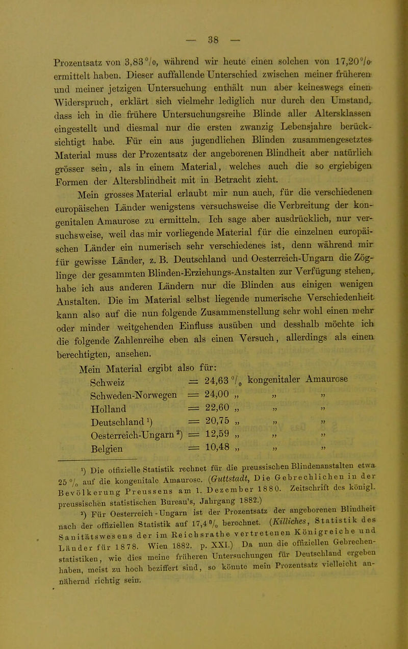 Prozentsatz von 3,83 /o, während wir heute einen solchen von 17,20/o- ermittelt haben. Dieser auffallende Unterschied zwischen meiner fi-ülierett und meiner jetzigen Untersuchung enthält nun aber kemeswegs einen Widerspruch, erkläi-t sich vielmehr lediglich nur durch den Umstand^ dass ich in die frühere Untersuchungsreihe Blinde aller Altersklassen eingestellt und diesmal nur die ersten zwanzig Lebensjahre berück- sichtigt habe. Für ein aus jugendlichen Blinden zusammengesetztes Material muss der Prozentsatz der angeborenen Blindheit aber natürlich grösser sein, als in einem Material, welches auch die so ergiebigen Formen der Altersblindheit mit in Beü-acht zieht. Mein grosses Material erlaubt mir mm auch, für die verschiedenen europäischen Länder wenigstens versuchsweise die Verbreitung der kon- genitalen Amaui-ose zu ermitteln. Ich sage aber ausdrücklich, nur ver- suchsweise, weil das mir vorliegende Material für die einzelnen europäi- schen Länder ein numerisch sehr verschiedenes ist, denn während mir für gewisse Länder, z. B. Deutschland und Oesterreich-Ungarn die Zög- linge der gesammten Blinden-Erziehungs-Anstalten zur Verfügung stehen,, habe ich aus anderen Ländern nur die Blinden aus einigen wenigen Anstalten. Die im Material selbst liegende numerische Verschiedenheit kann also auf die nun folgende Zusammenstellung sehr wohl einen mehr oder minder weitgehenden Einfluss ausüben und desshalb möchte ich die folgende Zahlenreihe eben als einen Versuch, allerdings als einen berechtigten, ansehen. Mein Material ergibt also für: Schweiz = 24,63 /„ kongenitaler Amaurose Schweden-Norwegen = 24,00 „ „ » Holland = 22,60 „ Deutschland 1) = 20,75 „ „ » Oesterreich-Ungarn 2) = 12,59 „ „ » Belgien = 10,48 „ „ » «) Die otfizielle Statistik rechnet für die preussischen Bliudenanstalten etwa 25«/ auf die kongenitale Amaurose. {Guttstaät, Die Gebrechlichen in der Bevölkerung Preussens am l. Dezember 1880. Zeitschrift des kön.gl. preussischen statistischen Bureau's, Jahrgang 1882.) ,. „ . n Für Oesterreich-Ungarn ist der Prozentsatz der angeborenen Blmdlieit nach der offiziellen Statistik auf 17,4/„ berechnet, {imiches, Statistik des Sanitätswesens der im Reichsrathe vertretenen Königreiche und Länder für 1878. Wien 1882. p. XXI.) Da nun die offiziellen Gebrechen- statistiken, wie dies meine früheren Untersuchungen für Deutschland ergeben haben, meist zu hoch beziffert sind, so könnte mein Prozentsatz vielleicht an- nähernd richtig sein.