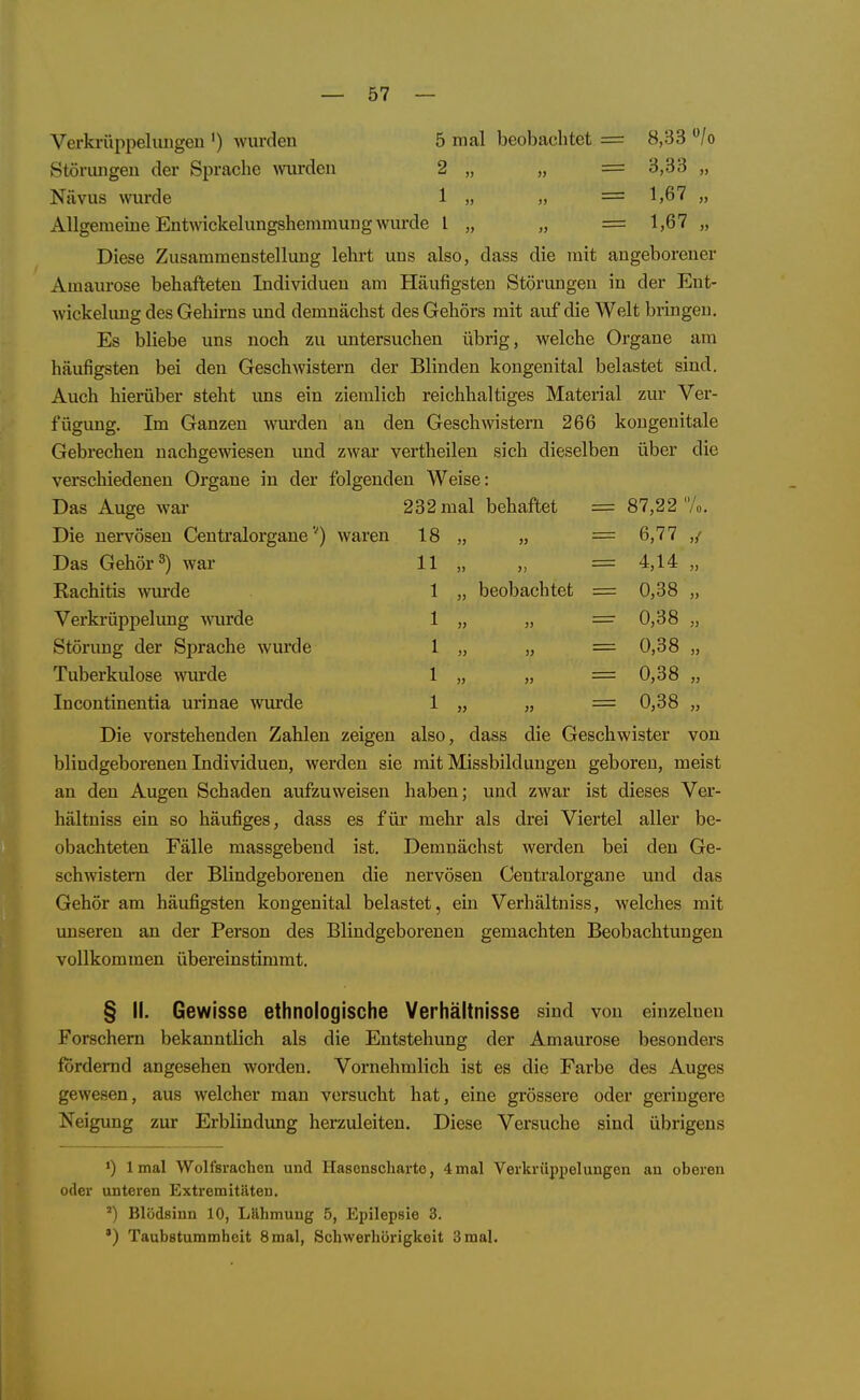 Verkrüppeliuigen') wurden 5 mal beobachtet = 8,33 /o Stönmgeu der Sprache wrden 2 „ „ = 3,33 „ Nävus wurde 1 „ „ = 1,67 „ Allgemeine Entmckelungshemmung wurde l „ „ = 1,67 „ Diese Zusammenstellung lehrt uns also, dass die mit angeborener Amaiu-ose behafteten Individuen am Häufigsten Störungen in der Eut- wickelung des Gehirns und demnächst des Gehörs mit auf die Welt bringen. Es bliebe uns noch zu untersuchen übrig, welche Organe am häufigsten bei den Geschwistern der Blinden kongenital belastet sind. Auch hierüber steht uns ein ziemlich reichhaltiges Material zur Ver- fügung. Im Ganzen wurden an den Geschwistern 266 kongenitale Gebrechen nachgewiesen und zwar vertheileu sich dieselben über die verschiedenen Organe in der folgenden Weise: Das Auge war 232 mal behaftet 87,22 7o Die nervösen Centi'alorgane''^ waren 18 „ „ 6,77 ,/ Das Gehör ^) war 11 ,, ,) 4,14 „ Rachitis wurde 1 „ beobachtet 0,38 „ Verkrüppelung wurde 0,38 „ Störung der Sprache wurde 0,38 „ Tuberkulose wurde 0,38 „ Incontinentia urinae wurde 0,38 „ Die vorstehenden Zahlen zeigen also, dass die Geschwister von blindgeborenen Individuen, werden sie mit Missbilduugeu geboren, meist an den Augen Schaden aufzuweisen haben; und zwar ist dieses Ver- hältniss ein so häufiges, dass es für mehr als drei Viertel aller be- obachteten Fälle massgebend ist. Demnächst werden bei den Ge- schwistern der Blindgeborenen die nervösen Centraiorgane und das Gehör am häufigsten kongenital belastet, ein Verhältniss, welches mit unseren an der Person des Blindgeborenen gemachten Beobachtungen vollkommen übereinstimmt. § II. Gewisse ethnologische Verhältnisse sind von eiuzelueu Forschern bekanntlich als die Entstehung der Amaurose besonders fordernd angesehen worden. Vornehmlich ist es die Farbe des Auges gewesen, aus welcher man versucht hat, eine grössere oder geringere Neigung zur Erblindung herzuleiten. Diese Versuche sind übrigens >) 1 mal Wolfsrachen und Hasenscliarte, 4 mal Verkiüppelungen an oberen oder unteren Extremitäten. ') Blödsinn 10, Lähmung 5, Epilepsie 3. ') Taubstummheit 8 mal, Schwerhörigkeit 3 mal.