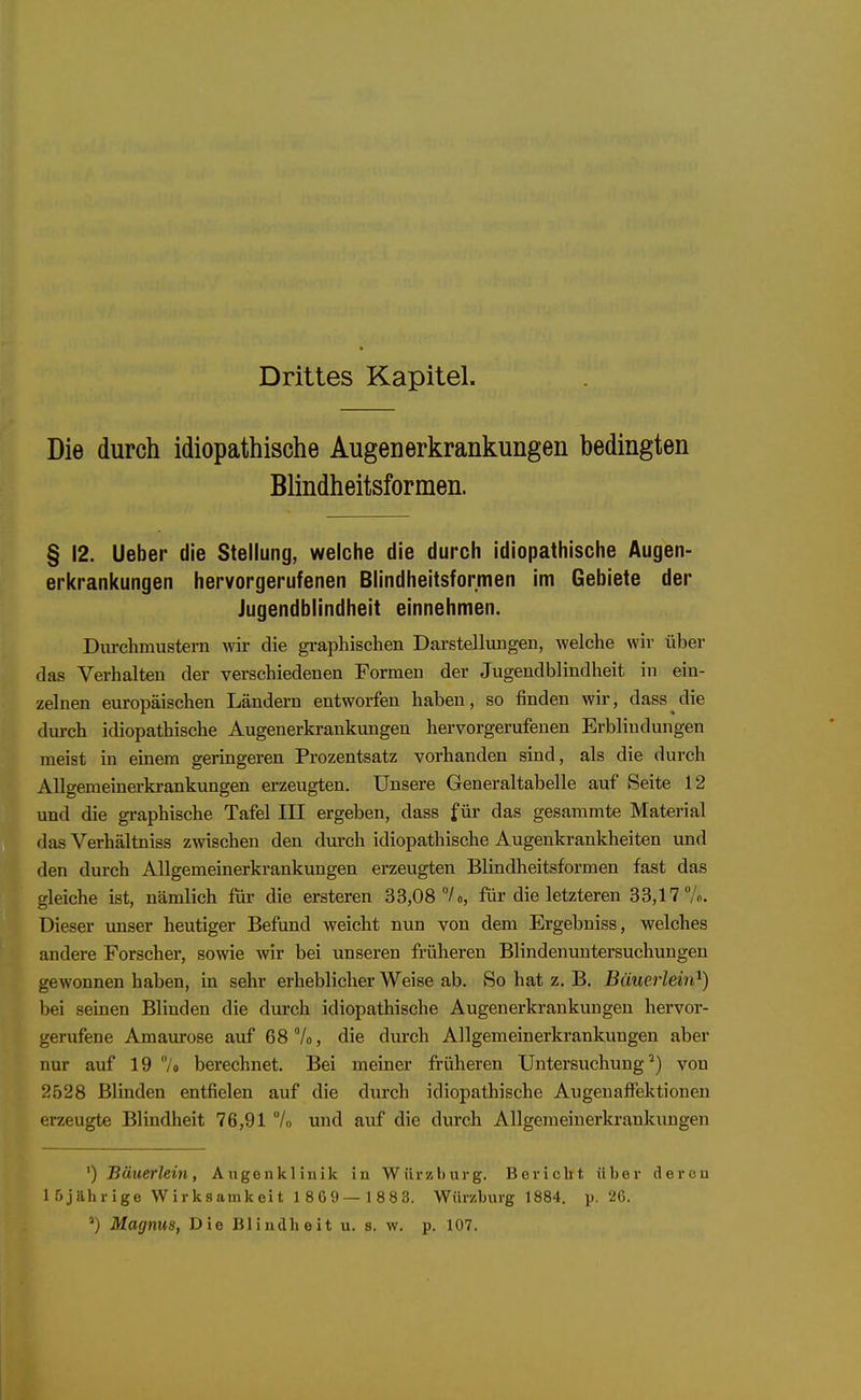 Drittes Kapitel. Die durch idiopathische Augenerkrankungen bedingten Blindheitsformen. § 12. Ueber die Stellung, welche die durch idiopathische Augen- erkrankungen hervorgerufenen Blindheitsformen im Gebiete der Jugendblindheit einnehmen. Diirchmustem wir die graphischen Darstellungen, welche wir über das Verhalten der verschiedenen Formen der Jugendblindheit in ein- zelnen europäischen Ländern entworfen haben, so finden wir, dass die durch idiopathische Augenerkrankungen hervorgerufenen Erblindungen meist in einem geringeren Prozentsatz vorhanden sind, als die durch Allgemeinerkrankungen erzeugten. Unsere Generaltabelle auf Seite 12 und die graphische Tafel III ergeben, dass für das gesammte Material das Verhältniss zwischen den durch idiopathische Augenkrankheiten und den durch Allgemeinerkrankungen erzeugten Blindheitsformen fast das gleiche ist, nämlich für die ersteren 33,08 7 o, für die letzteren 33,17 7o. Dieser unser heutiger Befund weicht nun von dem Ergebniss, welches andere Forscher, sowie wir bei unseren früheren Blindenuutersuchungen gewonnen haben, in sehr erheblicher Weise ab. So hat z. B. Büuerlein^) bei seinen Blinden die dm-ch idiopathische Augenerkrankungen hervor- gerufene Amaurose auf 68 7o, die durch Allgemeinerkrankungen aber nur auf 19 7o berechnet. Bei meiner früheren Untersuchung^) von 2528 Blinden entfielen auf die durch idiopathische Augenaftektionen erzeugte Blindheit 76,91 L und auf die durch Allgemeinerkrankungen ^)Bäuerlein, Augenklinik in Würzburg. Bericht über deren 1 5jährige Wirksamkeit 1 869— 1 883. Wür/,burg 1884. p. 26.