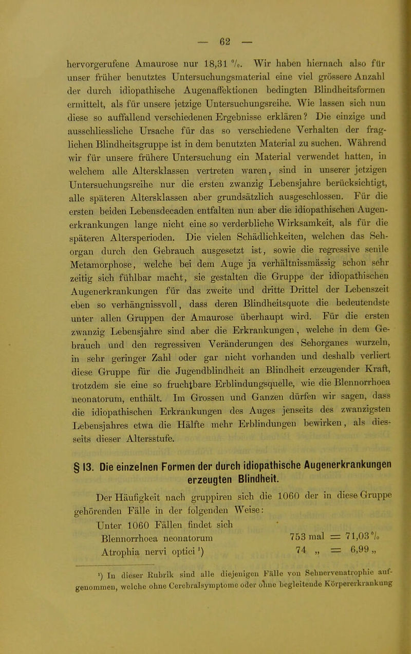 hervorgerufene Amaurose nur 18,31 7o. Wir haben hiernach also für unser fi-üher benutztes Untersuchungsmaterial eine viel grössere Anzahl der durch idiopathische Augenaffektionen bedingten Blindheitsformen ermittelt, als für unsere jetzige Untersuchungsreihe. Wie lassen sich nun diese so auffallend verschiedenen Ergebnisse erklären ? Die einzige mid ausschliessliche Ursache für das so verschiedene Verhalten der frag- lichen Blindheitsgruppe ist in dem benutzten Material zu suchen. Während wir für unsere frühere Untersuchung ein Material verwendet hatten, in welchem alle Altersklassen vertreten waren, smd in unserer jetzigen Untersuchungsreihe nur die ersten zwanzig Lebensjahre berücksichtigt, alle späteren Altersklassen aber grundsätzlich ausgeschlossen. Für die ersten beiden Lebensdecaden entfalten nun aber die idiopathischen Augen- erkrankungen lange nicht eine so verderbliche Wirksamkeit, als für die späteren Altersperioden. Die vielen Schädlichkeiten, welchen das Seh- organ durch den Gebrauch ausgesetzt ist, sowie die regressive senile Metamorphose, welche bei dem Auge ja verhältnissmässig schon sehr zeitig sich fühlbar macht, sie gestalten die Gruppe der idiopathischen Augenerkrankungen für das zweite und dritte Drittel der Lebenszeit eben so verhängnissvoll, dass deren Blindheitsquote die bedeutendste unter allen Gruppen der Amaurose überhaupt wü-d. Für die ersten zwanzig Lebensjahre sind aber die Erkrankungen, welche in dem Ge- brauch und den regressiven Veränderungen des Sehorganes wurzeln, in selu' geringer Zahl oder gar nicht vorhanden und deshalb verliert diese Gruppe für die Jugendblindheit an Blindheit erzeugender Kraft, trotzdem sie eine so fi-uchtbare Erblindungsquelle, wie die Blennorrhoea neonatorum, enthält. Im Grossen und Ganzen dürfen wir sagen, dass die idiopathischen Erkrankungen des Auges jenseits des zwanzigsten Lebensjahres etwa die Hälfte mehr Erblindungen bewirken, als dies- seits dieser Altersstufe. § 13. Die einzelnen Formen der durch idiopathische Augenerkrankungen erzeugten Blindheit. Der Häufigkeit nach gvuppiren sich die 1060 der in diese Gruppe gehörenden Fälle in der folgenden Weise: Unter 1060 Fällen findet sich Blennorrhoea neonatorum 753 mal = 71,03 /o Atrophia nervi optici') 74 „ =r 6,99 „ ') In (lieser Kubrik sind alle diejeuigou Fülle vou Sehuervenatropliic anf- genoraineu, welche ohne Cerebral Symptome oder oline begleitende Kürpererkrankung