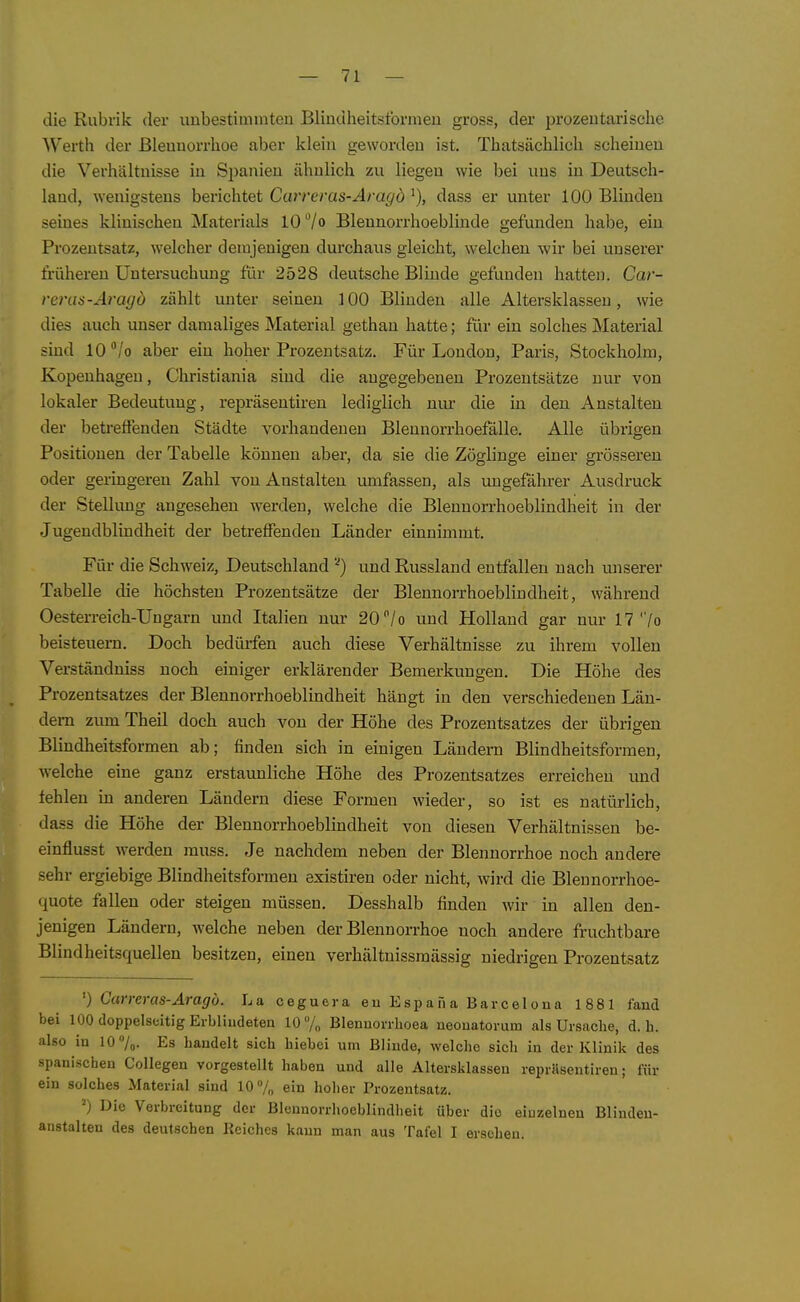 die Rubrik der unbestimmten Bliuuheitsformen gross, der prozeutarische Werth der Blennorrhoe aber klein geworden ist. Thatsächlich scheinen die Verhältnisse in Sjjanien ähnlich zu liegen wie bei uns in Deutsch- land, wenigstens berichtet Carreras-Avagö dass er unter 100 Blinden seines klinischen Materials iC/o Blennorrhoeblinde gefunden habe, ein Prozentsatz, welcher demjenigen durchaus gleicht, welchen wir bei unserer früheren Untersuchung für 2528 deutsche Blinde gefunden hatten. Car- venis-Arago zählt vmter seinen 100 Blinden alle Altersklassen, wie dies auch unser damaliges Material gethan hatte; für ein solches Material sind 10 /o aber ein hoher Prozentsatz. Für London, Paris, Stockholm, Kopenhagen, Christiania sind die angegebenen Prozentsätze nur von lokaler Bedeutung, repräsentiren lediglich nur die in den Anstalten der beti-effenden Städte vorhandenen Blennorrhoefälle. Alle übrigen Positionen der Tabelle können aber, da sie die Zöglinge einer grösseren oder geringeren Zahl von Anstalten umfassen, als ungefährer Ausdruck der Stellung angesehen werden, welche die Blennorrhoeblindheit in der Jugendblindheit der betreffenden Länder einnimmt. Für die Schweiz, Deutschland ^) und Russland entfallen nach unserer Tabelle die höchsten Prozentsätze der Blennorrhoeblindheit, während Oesterreich-Ungarn und Italien nur 20 7 o und Holland gar nur 17'7o beisteuern. Doch bedürfen auch diese Verhältnisse zu ihrem vollen Verständniss noch einiger erklärender Bemerkungen. Die Höhe des Prozentsatzes der Blennorrhoeblindheit hängt in den verschiedenen Län- dern zum Theil doch auch von der Höhe des Prozentsatzes der übrigen Blindheitsformen ab; finden sich in einigen Ländern Blindheitsformen, welche eine ganz erstaunliche Höhe des Prozentsatzes erreichen und fehlen in anderen Ländern diese Formen wieder, so ist es natürlich, dass die Höhe der Blennorrhoeblindheit von diesen Verhältnissen be- einflusst werden rauss. Je nachdem neben der Blennorrhoe noch andere sehr ergiebige Blindheitsformen existiren oder nicht, wird die Blennorrhoe- quote fallen oder steigen müssen. Desshalb finden wir in allen den- jenigen Ländern, welche neben der Blennorrhoe noch andere fruchtbare Blindheitsquellen besitzen, einen verhältnissmässig niedrigen Prozentsatz ') Carreras-Äragb. La ceguera eu Espana Barcelona 1881 fand bei 100 doppelseitig Erbliudetea 10 7„ Blennovrlioea neonatorum als Ursache, d.h. also in 10 7o. Es handelt sich hiebei um Blinde, welche sich in der Klinik des spanischen Collegen vorgestellt haben und alle Altersklassen repräsentiren; für ein solches Material sind 10 7„ ein hoher Prozentsatz. Die Verbreitung der Blennorrhoeblindheit über die einzelnen Blinden- anstalten des deutschen Reiches kann man aus Tafel I ersehen.