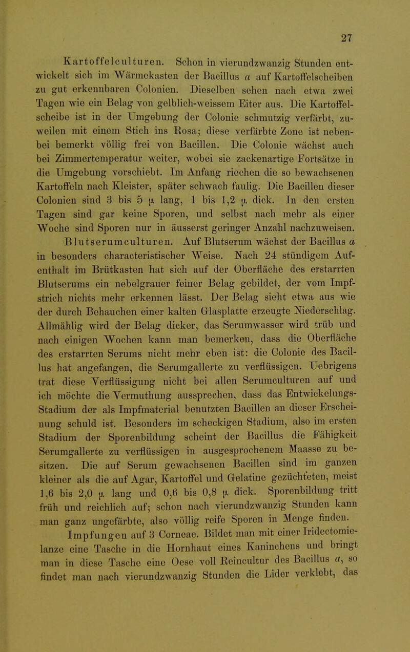 Kartoffelculturen. Schon in vicrundzwanzig Stunden ent- wickelt sich im Wärmokasten dor Bacillus a auf Kartoffelscheiben zu gut erkennbaren Colonien. Dieselben sehen nach etwa zwei Tagen wie ein Belag von gclblich-weissein Eiter aus. Die Kartoffel- scheibc ist in der Umgebung der Colonie schmutzig verfärbt, zu- weilen mit einem Stich ins Rosa; diese verfärbte Zone ist neben- bei bemerkt völlig frei von Bacillen. Die Colonie wächst auch bei Zimmertemperatur weiter, wobei sie zackenartige Fortsätze in die Umgebung vorschiebt. Im Anfang riechen die so bewachsenen Kartoffeln nach Kleister, später schwach faulig. Die Bacillen dieser Colonien sind 3 bis 5 u, lang, 1 bis 1,2 u, dick. In den ersten Tagen sind gar keine Sporen, und selbst nach mehr als einer Woche sind Sporen nur in äusserst geringer Anzahl nachzuweisen. Blutserumculturen. Auf Blutserum wächst der Bacillus a in besonders characteristischer Weise. Nach 24 stündigem Auf- enthalt im Brütkasten hat sich auf der Oberfläche des erstarrten Blutserums ein nebelgrauer feiner Belag gebildet, der vom Impf- strich nichts mehr erkennen lässt. Der Belag sieht etwa aus wie der durch Behauchen einer kalten Glasplatte erzeugte Niederschlag. Allmählig wird der Belag dicker, das Serumwasser wird trüb und nach einigen Wochen kann man bemerken, dass die Oberfläche des erstarrten Serums nicht mehr eben ist: die Colonie des Bacil- lus hat angefangen, die Serumgallerte zu verflüssigen. Ucbrigens trat diese Yerflüssigung nicht bei allen Serumculturen auf und ich möchte die Yermuthung aussprechen, dass das Entwickelungs- Stadium der als Impfmaterial benutzten Bacillen an dieser Erschei- nung schuld ist. Besonders im scheckigen Stadium, also im ersten Stadium der Sporenbildung scheint der Bacillus die Fähigkeit Serumgallerte zu verflüssigen in ausgesprochenem Maasse zu be- sitzen. Die auf Serum gewachsenen Bacillen sind im ganzen kleiner als die auf Agar, Kartoffel und Gelatine gezüchteten, meist 1,6 bis 2,0 lang und 0,6 bis 0,8 \l dick. Sporenbildung tritt früh und reichlich auf; schon nach vicrundzwanzig Stunden kann man ganz ungefärbte, also völlig reife Sporen in Menge finden. Impfungen auf 3 Corneae. Bildet man mit einer Iridectomie- lanze eine Tasche in die Hornhaut eines Kaninchens und bringt man in diese Tasche eine Oese voll Reincultur des Bacillus er, so findet man nach vierundzwanzig Stunden die Lider verklebt, das
