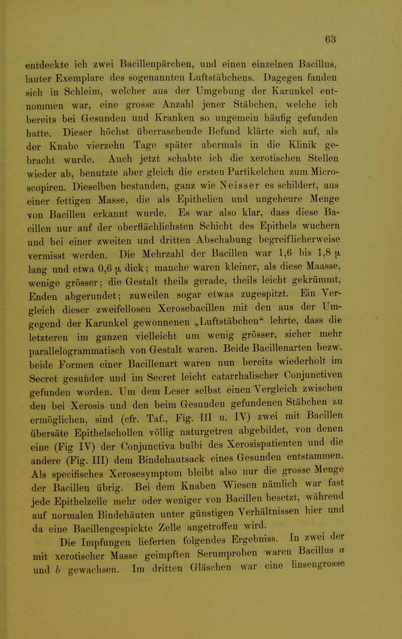 entdeckte ich zwei Bacillenpärchen, und einen einzelnen Bacillus, lauter Exemplare des sogenannten Luftstäbchens. Dagegen fanden sicli in Schleim, welcher aus der Umgebung der Karunkel ent- nommen war, eine grosse Anzahl jener Stäbchen, welche ich bereits bei Gesunden und Kranken so ungemein häufig gefunden hatte. Dieser höchst überraschende Befund klärte sich auf, als der Knabe vierzehn Tage später abermals in die Klinik ge- bracht wurde. Auch jetzt schabte ich die xerotischen Stellen wieder ab, benutzte aber gleich die ersteu Partikelchen zum Micro- scopiren. Dieselben bestanden, ganz wie Neisser es schildert, aus einer fettigen Masse, die als Epithelien und ungeheure Menge von Bacillen erkannt wurde. Es war also klar, dass diese Ba- cillen nur auf der oberflächlichsten Schicht des Epithels wuchern und bei einer zweiten und dritten Abschabung begreiflicherweise vermisst werden. Die Mehrzahl der Bacillen war 1,6 bis 1,8 ji lang und etwa 0,6 u- dick; manche waren kleiner, als diese Maasse, wenige grösser; die Gestalt theils gerade, theils leicht gekrümmt, Enden abgerundet; zuweilen sogar etwas zugespitzt. Ein Ver- gleich dieser zweifellosen Xerosebacillen mit den aus der Um- gegend der Karunkel gewonnenen „Luftstäbchen lehrte, dass die letzteren im ganzen vielleicht um wenig grösser, sicher mehr parallelogrammatisch von Gestalt waren. Beide Bacillenarten bezw. beide Formen einer Bacillenart waren nun bereits wiederholt im Secret gesunder und im Secret leicht catarrhalischer Conjunctiven gefunden worden. Um dem Leser selbst einen Vergleich zwischen den bei Xerosis und den beim Gesunden gefundenen Stäbchen zu ermöglichen, sind (cfr. Taf., Fig. III u. IV) zwei mit Bacillen übersäte Epithelschollen völlig naturgetreu abgebildet, von denen eine (Fig IV) der Conjunctiva bulbi des Xerosispatienten und die andere (Fig. III) dem Bindehautsack eines Gesunden entstammen. Als specifisches Xerosesymptom bleibt also nur die grosse Menge der Bacillen übrig. Bei dem Knaben Wiesen nämlich war fast jede Epithelzelle mehr oder weniger von Bacillen besetzt, während auf normalen Bindehäuten unter günstigen Verhältnissen hier und da eine Bacillengespickte Zelle angetroffen wird. Die Impfungen lieferten folgendes Ergcbniss. In zwei der mit xerotis. hr, Masse geimpften Serumproben waren Bacillus a und b gewachsen. Im dritten Gläschen war eine hnsengrosse