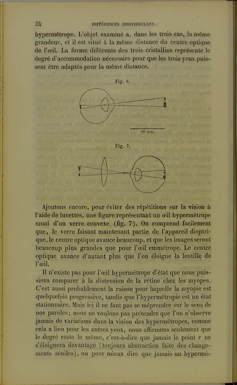 hypermétrope. L'objet, examiné a, dans les trois cas, la même grandeur, et il est situé à la même distance du centre optique de l'œil. La forme dillérente des trois cristallins représente le degré d'accommodation nécessaire pour que les trois yeux puis- sent être adaptés pour la même distance. Fig. C Ajoutons encore, pour éviter des répétitions sur la vision à l'aide de lunettes, une figure représentant un œil hypermétrope muni d'un verre convexe (fig. 7). On comprend facilement que, le verre faisant maintenant partie de l'appareil dioptri- que, le centre optique avance beaucoup, et que les images seront beaucoup plus grandes que pour l'œil emmétrope. Le centre optique avance d'autant plus que l'on éloigne la lentille de l'œil. Il n'existe pas pour l'œil hypermétrope d'état que nous puis- sions comparer à la distension de la rétine chez les myopes. C'est aussi probablement la raison pour laquelle la myopie est quelquefois progressive, tandis que l'hypermétropie est un état stationnaire. Mais ici il ne faut pas se méprendre sur le sens de nos paroles; nous ne voulons pas prétendre que l'on n'observe jamais de variations dans la vision des hypermétropes, comme cela a lieu pour les autres yeux, nous affirmons seulement que le degré reste le même, c'est-à-dire que jamais le point r ne s'éloignera davantage (toujours abstraction faite des change- ments séniles), ou pour mieux dire que jamais un hypermé-