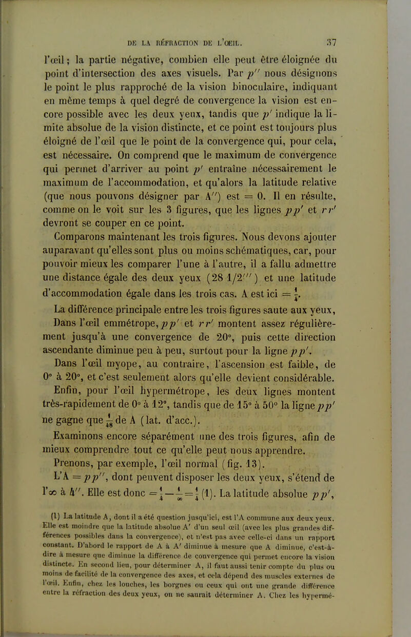 l'œil; la partie négative, combien elle peut être éloignée du point d'intersection des axes visuels. Par p nous désignons le point le plus rapproché de la vision binoculaire, indiquant en même temps à quel degré de convergence la vision est en- core possible avec les deux yeux, tandis que p' indique la li- mite absolue de la vision distincte, et ce point est toujours plus éloigné de l'œil que le point de la convergence qui, pour cela, est nécessaire. On comprend que le maximum de convergence qui permet d'arriver au point p' entraîne nécessairement le maximum de l'accommodation, et qu'alors la latitude relative (que nous pouvons désigner par A) est = 0. Il en résulte, comme on le voit sur les 3 figures, que les lignes ppf et rr' devront se couper en ce point. Comparons maintenant les trois figures. Nous devons ajouter auparavant qu'elles sont plus ou moins schématiques, car, pour pouvoir mieux les comparer l'une à l'autre, il a fallu admettre une distance égale des deux yeux (28 1/2') et une latitude d'accommodation égale dans les trois cas. A est ici = \. La différence principale entre les trois figures saute aux yeux, Dans l'œil emmétrope,/.?// et rr' montent assez régulière- ment jusqu'à une convergence de 20°, puis cette direction ascendante diminue peu à peu, surtout pour la ligne p p'. Dans l'œil myope, au contraire, l'ascension est faible, de 0° à 20°, et c'est seulement alors qu'elle devient considérable. Enfin, pour l'œil hypermétrope, les deux lignes montent très-rapidement de 0° à 12°, tandis que de 15° à 50° la ligne/?/?' ne gagne que ^ de A (lat. d'ace). Examinons encore séparément une des trois figures, afin de mieux comprendre tout ce qu'elle peut nous apprendre. Prenons, par exemple, l'œil normal (fig. 13). L'A = /?/?, dont peuvent disposer les deux yeux, s'étend de l'oo à h. Elle est donc =J—-i=i (1). La latitude absolue /?//, (I) La latitude A, dont il a été question jusqu'ici, est l'A commune aux deux yeux. Elle est moindre que la latitude absolue A' d'un seul œil (avec les plus grandes dif- férences possibles dans la convergence), et n'est pas avec celle-ci dans un rapport constant. D'abord le rapport de A à A' diminue à mesure que A diminue, c'est-à- dire a mesure que diminue la difl'érence de convergence qui permet encore la vision distincte. En second lien, pour déterminer A, il faut aussi tenir compte du plus ou moins de facilité de la convergence des axes, et cela dépend des muscles externes de l'œil. Enfin, chez les louches, les borgnes ou ceux qui ont une grande différence entre la réfraction des deux yeux, on ne saurait déterminer A. Chez les hypermé-