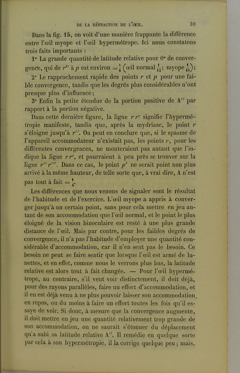 DE LA RÉFRACTION DE L'OEIL. 39 Dans la fig. 15, on voit d'une manière frappante la différence entre l'œil myope et l'œil hypermétrope. Ici nous constatons trois faits importants : 1° La grande quantité de latitude relative pour 0° de conver- gence, qui de r àp est environ = \ (œil normal ^; myope ^6); 2° Le rapprochement rapide des points r et p pour une fai- ble convergence, tandis que les degrés plus considérables n'ont presque plus d'influence; 3° Enfin la petite étendue de la portion positive de A par rapport à la portion négative. Dans cette dernière figure, la ligne r r' signifie l'hypermé- tropie manifeste, tandis que, après la mydriase, le point r s'éloigne jusqu'à r. On peut en conclure que, si le spasme de l'appareil accommodateur n'existait pas, les points r, pour les différentes convergences, ne monteraient pas autant que l'in- dique la ligne rr', et pourraient à peu près se trouver sur la ligne r r'. Dans ce cas, le point p' ne serait point non plus arrivé à la même hauteur, de telle sorte que, à vrai dire, A n'est pas tout à fait = ^. Les différences que nous venons de signaler sont le résultat de l'habitude et de l'exercice. L'œil myope a appris à conver- ger jusqu'à un certain point, sans pour cela mettre en jeu au- tant de son accommodation que l'œil normal, et le point le plus éloigné de la vision binoculaire est resté à une plus grande distance de l'œil. Mais par contre, pour les faibles degrés de convergence, il n'a pas l'habitude d'employer une quantité con- sidérable d'accommodation, car il n'en sent pas le besoin. Ce besoin ne peut se faire sentir que lorsque l'œil est armé de lu- nettes, et en effet, comme nous le verrons plus bas, la latitude relative est alors tout à fait changée. — Pour l'œil hypermé- trope, au contraire, s'il veut voir distinctement, il doit déjà, pour des rayons parallèles, faire un effort d'accommodation, et il en est déjà venu à ne plus pouvoir laisser son accommodation, en repos, ou du moins à faire un effort toutes les fois qu'il es- saye de voir. Si donc, à mesure que la convergence augmente, il doit mettre en jeu une quantité relativement trop grande de son accommodation, on ne saurait s'étonner du déplacement qu'a subi 8a latitude relative A. Il remédie en quelque sorte par cela à son hypermétropie, il la corrige quelque peu ; mais,