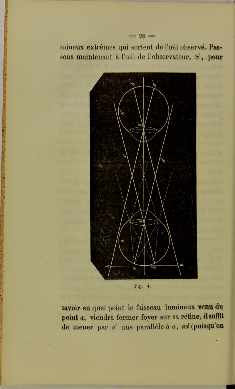 milieux extrêmes qui sortent de l'œil observé. PaS sous maintenant à l'œil de l'observateur, S', pour V • . .. ■■'tt' , -1 Y \ Fig. 4. savoir eii quel point le faisceau lumineux venu du point a, viendra former foyer sur sa rétine, ilsuffit de meuer par o' une parallèle h a, ad (puisqu'on