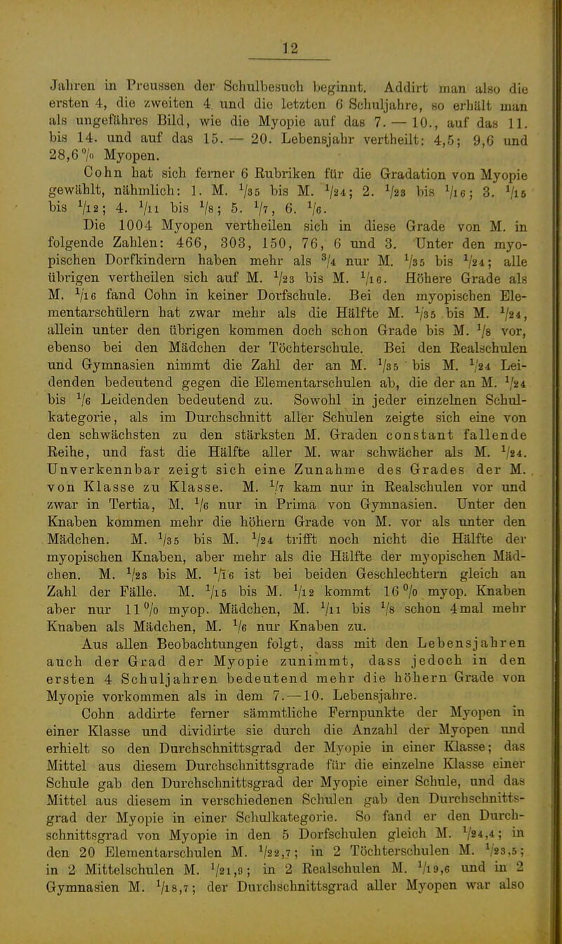 Jahren in Preussen der Schulbesuch beginnt, Addirt man also die ersten 4, die zweiten 4. und die letzten 6 Scliuljahre, so erhält man als ungefilhres Bild, wie die Myopie auf das 7. — 10., auf das 11. bis 14. und auf das 15.— 20. Lebensjahr vertheilt: 4,5; 9,6 und 28,6/.. Myopen. Cohn hat sich ferner 6 Rubriken für die Gradation von Myopie gewählt, nähmlich: 1. M. ^35 bis M. ^ja; 2. ^23 bis Vie; 3. V15 bis Vi 2; 4. Vu bis ^8; 5. Vv, 6. Vc Die 1004 Myopen vertheilen sich in diese Grade von M. in folgende Zahlen: 466, 303, 150, 76, 6 und 3. Unter den myo- pischen Dorfkindern haben mehr als ^ji nur M. Vas bis alle übrigen vertheilen sich auf M. ^23 bis M. Vi6. Höhere Grade als M. Vi6 fand Cohn in keiner Dorfschule. Bei den myopischen Ele- mentarschülern hat zwar mehr als die Hälfte M. V35 bis M. V24, allein unter den übrigen kommen doch schon Grade bis M. Vs vor, ebenso bei den Mädchen der Töchterschule. Bei den Realschulen und Gymnasien nimmt die Zahl der an M. V3 5 ' bis M. V24 Lei- denden bedeutend gegen die Elementarschulen ab, die der an M. ^'24 bis Ve Leidenden bedeutend zu. Sowohl in jeder einzelnen Schul- kategorie, als im Durchschnitt aller Schulen zeigte sich eine von den schwächsten zu den stärksten M. Graden constant fallende Reihe, und fast die Hälfte aller M. war schwächer als M. V24. Unverkennbar zeigt sich eine Zunahme des Grades der M. von Klasse zu Klasse. M. kam nur in Realschulen vor und zwar in Tertia, M. ^je nur in Prima von Gymnasien. Unter den Knaben kommen mehr die höhern Grade von M. vor als unter den Mädchen. M. V35 bis M. V24 trifft noch nicht die Hälfte der myopischen Knaben, aber mehr als die Hälfte der myopischen Mäd- chen. M. V23 bis M. ^/i6 ist bei beiden Geschlechtern gleich an Zahl der Fälle. M. Vis bis M. V12 kommt 16 /o myop. Knaben aber nur 11 /o myop. Mädchen, M. Vn bis Vs schon 4mal mehr Knaben als Mädchen, M. ^/e nur Knaben zu. Aus allen Beobachtungen folgt, dass mit den Lebensjahren auch der Grad der Myopie zunimmt, dass jedoch in den ersten 4 Schuljahren bedeutend mehr die höhern Grade von Myopie vorkommen als in dem 7. —10. Lebensjahre. Cohn addirte ferner sämmtliche Fernpunkte der Myopen in einer Klasse und dividirte sie durch die Anzahl der Myopen und erhielt so den Durchschnittsgrad der Myopie in einer Klasse; das Mittel aus diesem Durchschnittsgrade für die einzelne Klasse einer Schule gab den Durchschnittsgrad der Myopie einer Schule, und das Mittel aus diesem in verschiedenen Schulen gab den Durch schnitts- grad der Myopie in einer SchuJkategorie. So fand er den Durch- schnittsgrad von Myopie in den 5 Dorfschulen gleich M. Vs*,*; in den 20 Elementarschulen M. V22,7; in 2 Töchterschulen M. V23,5; in 2 Mittelschulen M. V2i,o; in 2 Realschulen M. Vx9,6 und in 2 Gymnasien M. Vis,?; der Durchschnittsgrad aller Myopen war also