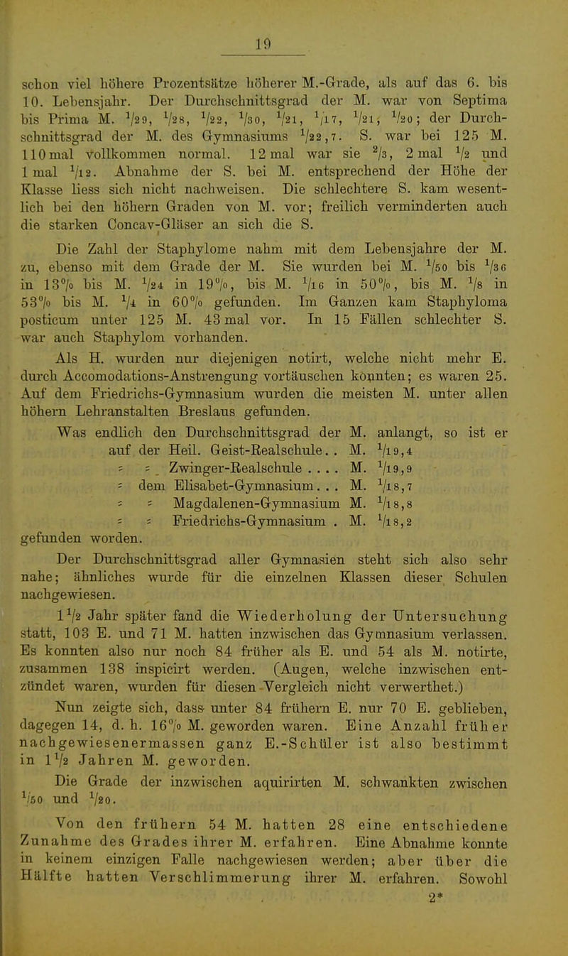 schon viel höhere Prozentsätze höherer M.-Grade, als auf das 6. bis 10. Lehensjahr. Der Durchschnittsgrad der M. war von Septima bis Prima M. ^2 9, Vs», V22, ^jso, V21, ^17, V2I', ^20; der Durch- schnittsgrad der M. des Gymnasiums ^22,7. S. war bei 125 M. 110 mal vollkommen normal. 12 mal war sie ^/s, 2 mal V2 tind 1 mal Vi 2. Abnahme der S. bei M. entsprechend der Höhe der Klasse Hess sich nicht nachweisen. Die schlechtere S. kam wesent- lich bei den höhern Graden von M. vor; freilich verminderten auch die starken Concav-Gläser an sich die S. Die Zahl der Staphylome nahm mit dem Lebensjahre der M. zu, ebenso mit dem Grade der M. Sie wurden bei M. ^50 bis ^jsG in 130/0 bis M. V24 in 19>, bis M. Vi 6 in 50>, bis M. Vs in 53/o bis M. V'i in 60°/o gefunden. Im Ganzen kam Staphyloma posticum unter 125 M. 43 mal vor. In 15 Fällen schlechter S. war auch Staphylom vorhanden. Als H. wurden nur diejenigen notirt, welche nicht mehr E. durch Accomodations-Anstrengung vortäuschen könnten; es waren 25. Auf dem Friedrichs-Gymnasium wurden die meisten M. unter allen höhern Lehranstalten Breslaus gefunden. Was endlich den Durchschnittsgrad der M. anlangt, so ist er auf der Heil. Geist-Realschule. . M. ' ' Zwinger-Realschule .... M. ^Ii9,9 - dem Elisabet-Gymnasium. . . M. Vi8,7 = = Magdalenen-Gymnasium M. Vis»» = = Friedrichs-Gymnasium . M. Vi8,2 gefunden worden. Der Durchschnittsgrad aller Gymnasien steht sich also sehr nahe; ähnliches wurde für die einzelnen Klassen dieser Schulen nachgewiesen. IV2 Jahr später fand die Wiederholung der Untersuchung statt, 103 E. und 71 M. hatten inzwischen das Gymnasium verlassen. Es konnten also nur noch 84 früher als E. und 54 als M. notirte, zusammen 138 inspicirt werden. (Augen, welche inzwischen ent- zündet waren, wurden für diesen-Vergleich nicht verwerthet.) Nun zeigte sich, dass unter 84 frühern B. nur 70 B. geblieben, dagegen 14, d. h. lö^'o M. geworden waren. Eine Anzahl früher nachgewiesenermassen ganz E.-Schüler ist also bestimmt in IV2 Jahren M. geworden. Die Grade der inzwischen aquirirten M. schwankten zwischen und V20. Von den frühern 54 M. hatten 28 eine entschiedene Zunahme des Grades ihrer M. erfahren. Eine Abnahme konnte in keinem einzigen Falle nachgewiesen werden; aber über die Hälfte hatten Verschlimmerung ihrer M. erfahren. Sowohl 2*