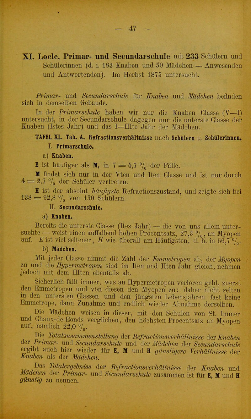 Schülerinnen (d. i. 183 Knaben und SO Mädchen — Anwesenden und Antwortenden). Im Herbst 1875 untersucht. Primär- und Secimdarschule für Knaben und Mädchen befinden sich in demselben Gebäude. In der Primarschule haben wir nur die Knaben Glasse (V—I) untersucht, in der Secundarsohule dagegen nur die unterste Glasse der Knaben (Istes Jahr) und das I—Elte Jahr der Mädchen. TAFEL XI. Tab. A. Refractionsverhältnisse nach Schülern u. Schülerinnen. I. Frimarschnle. a) Knaben. E ist häufiger als M, in 7 = 4,7 % der Fälle. M findet sich nur in der Vten und Iten Glasse und ist nur durch 4 = 2,7 7o der Schüler vertreten. H ist der absolut häufigste Refractionszustand, und zeigte sich bei 138 = 92,8 7o von 150 Schülern. n. Secundarschnle. a) Knaben. Bereits die unterste Glasse (Ites Jahr) — die von uns allein unter- suchte — weist einen auffallend hohen Procentsatz, 27,3 an Myopen auf. jEist viel seltener, ü wie überall am Häufigsten, d. h. in 66,7 V,,. b) Mädchen. Mit jeder Glasse nimmt die Zahl der Emmetropen ab, der Myoiden zu und die Eypermetroijen sind im Iten und Hten Jahr gleich, nehmen jedoch mit dem lUten ebenfalls ab. Sicherlich fällt immer, was an Hypermetropen verloren geht, zuerst den Emmetropen und von diesen den Myopen zu; daher nicht selten m den untersten Glassen und den jüngsten Lebensjahren fast keine Emmetrope, dann Zunahme und endlich wieder Abnahme derselben. Die Mädchen weisen in dieser, mit den Schulen von St. Immer und Ghaux-de-Eonds verglichen, den höchsten Procentsatz an Myopen auf, nämlich 22,0 y^. Die Totalzusammenstellung der Refractionsverhältnisse der Knaben der Primär- und Secundarsohule und der Mädchen der Secundarschule ergibt auch hier wieder für E, M und H günstigere Verhältnisse der Knaben als der Mädche?i. if/?^^ yo/a/erf/eJwm- der Refractionsverhältnisse der Knaben und Madchen der Primär- und Secimdarschule zusammen ist für E, M und H gwnsttg zu nennen.