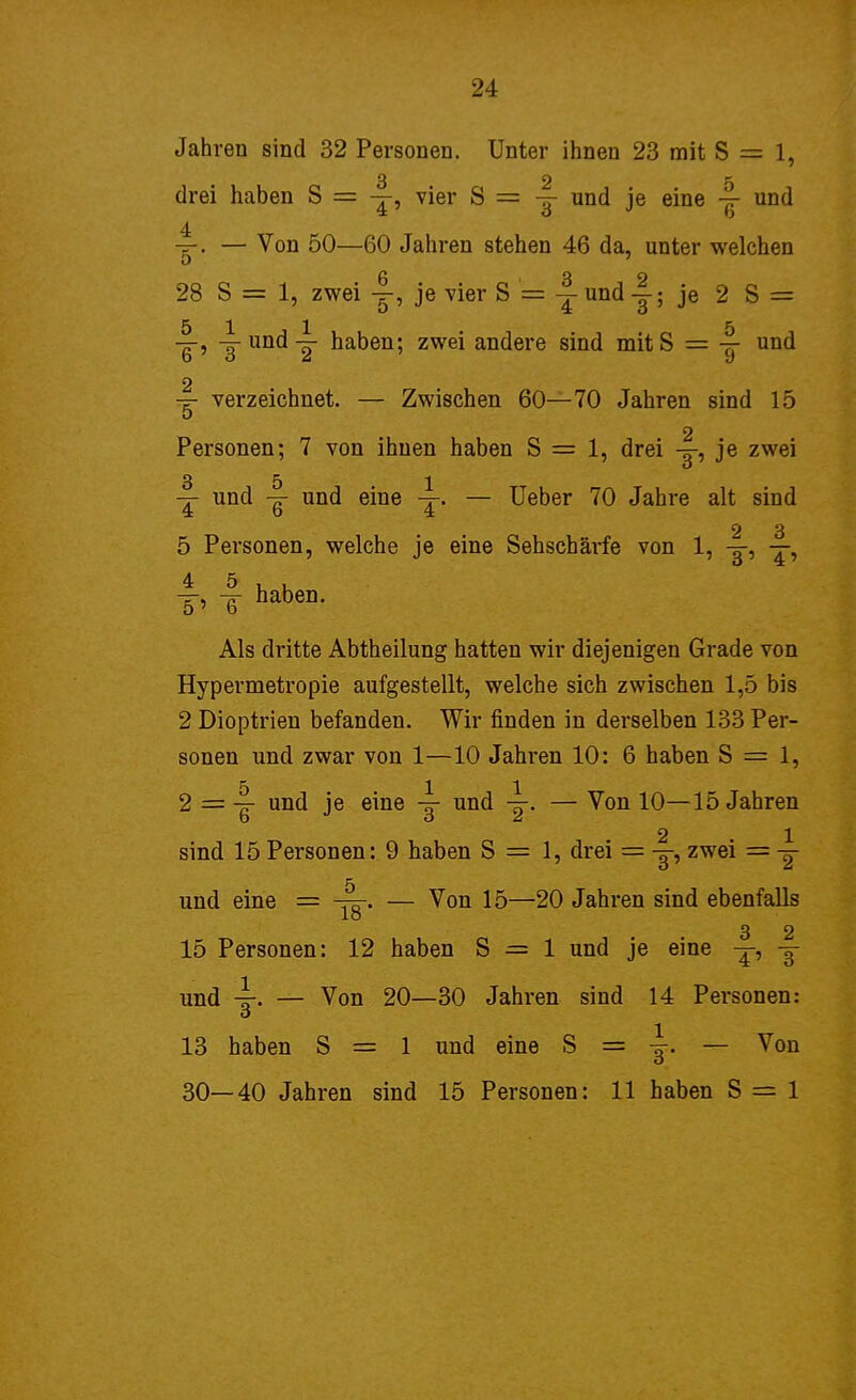 Jahren sind 32 Personen. Unter ihnen 23 mit S = 1 6 .32 5 drei haben S = y, vier S = y und je eine und 4 —. — Von 50—60 Jahren stehen 46 da, unter welchen 6 '32 28 S = 1, zwei y, je vier S = y und y; je 2 S = y, y und — haben; zwei andere sind mitS = y und 2 y verzeichnet. — Zwischen 60—70 Jahren sind 15 2 ' Personen; 7 von ihnen haben S = 1, drei y, je zwei 3 5 1 -r und -5- und eine -r. — Ueber 70 Jahre alt sind 4 6 4 2 3 5 Personen, welche je eine Sehschärfe von 1, y, y, y, y haben. Als dritte Abtheilung hatten wir diejenigen Grade von Hypermetropie aufgestellt, welche sich zwischen 1,5 bis 2 Dioptrien befanden. Wir finden in derselben 133 Per- sonen und zwar von 1—10 Jahren 10: 6 haben S = 1, 5 11 2 = y und je eine y und y. — Von 10—15 Jahren 2 1 sind 15 Personen: 9 haben S = 1, drei = y, zwei = y und eine = -r^-. — Von 15—20 Jahren sind ebenfalls 18 3 2 15 Personen: 12 haben S = 1 und je eine y, y und y. — Von 20—30 Jahren sind 14 Personen: 13 haben S = 1 und eine S == y. — Von 30—40 Jahren sind 15 Personen: 11 haben S = 1