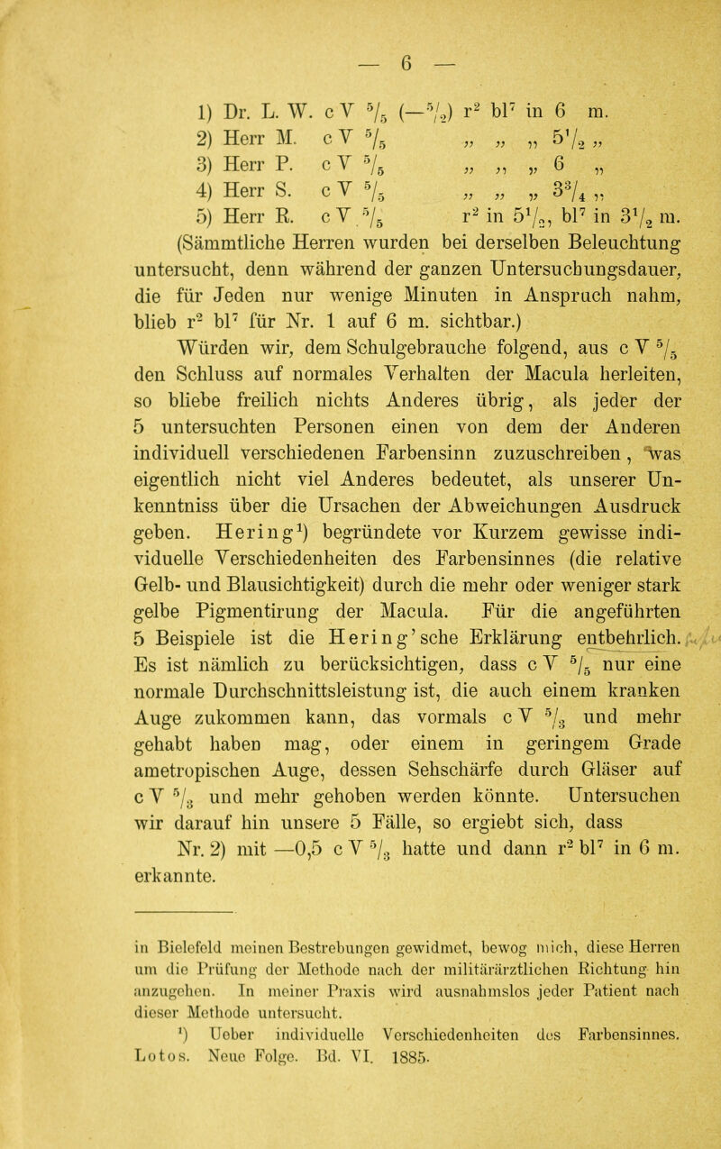 — 6 — 1) Dr. L. W. c V 5/5 (—*/2) r2 bl7 in 6 m. 2) Herr M. c Y 5/5 „ „ „ 51/, „ 3) Herr P. c V 5/5 „ „ „ 6 „ 4) Herr S. c Y % „ „ „ 3*/4 „ 5) Herr K c V 5/5 r2 in 51/., bl7 in 3l/2 m. (Sämmtliche Herren wurden bei derselben Beleuchtung untersucht, denn während der ganzen Untersucbungsdauer, die für Jeden nur wenige Minuten in Anspruch nahm, blieb r2 bl7 für Nr. 1 auf 6 m. sichtbar.) Würden wir, dem Schulgebrauche folgend, aus c Y 5/5 den Schluss auf normales Yerhalten der Macula herleiten, so bliebe freilich nichts Anderes übrig, als jeder der 5 untersuchten Personen einen von dem der Anderen individuell verschiedenen Farbensinn zuzuschreiben, 'was eigentlich nicht viel Anderes bedeutet, als unserer Un- kenntniss über die Ursachen der Abweichungen Ausdruck geben. Hering1) begründete vor Kurzem gewisse indi- viduelle Verschiedenheiten des Farbensinnes (die relative Gelb- und Blausichtigkeit) durch die mehr oder weniger stark gelbe Pigmentirung der Macula. Für die angeführten 5 Beispiele ist die Hering'sehe Erklärung entbehrlich. Es ist nämlich zu berücksichtigen, dass c Y 5/5 nur eine normale Durchschnittsleistung ist, die auch einem kranken Auge zukommen kann, das vormals c Y 5/3 und mehr gehabt haben mag, oder einem in geringem Grade ametropischen Auge, dessen Sehschärfe durch Gläser auf c Y 5/3 und mehr gehoben werden könnte. Untersuchen wir darauf hin unsere 5 Fälle, so ergiebt sich, dass Nr. 2) mit —0,5 c Y % hatte und dann r'2 bl7 in 6 in. erkannte. in Bielefeld meinen Bestrebungen gewidmet, bewog mich, diese Herren um die Prüfung der Methode nach der militärärztlichen Richtung- hin anzugehen. In meiner Praxis wird ausnahmslos jeder Patient nach dieser Methodo untersucht. ') lieber individuelle Verschiedenheiten dus Farbensinnes.