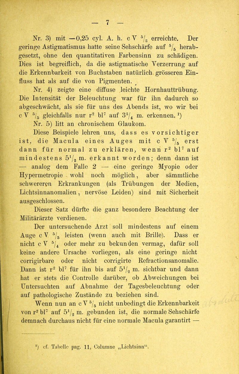 Nr. 3) mit —0,25 cyl. A. h. cV 5/3 erreichte. Der geringe Astigmatismus hatte seine Sehschärfe auf 5/5 herab- gesetzt, ohne den quantitativen Farbensinn zu schädigen. Dies ist begreiflich, da die astigmatische Yerzerrung auf die Erkennbarkeit von Buchstaben natürlich, grösseren Ein- fluss hat als auf die von Pigmenten. Nr. 4) zeigte eine diffuse leichte Hornhauttrübung. Die Intensität der Beleuchtung war für ihn dadurch so abgeschwächt, als sie für uns des Abends ist, wo wir bei c Y 5/5 gleichfalls nur r2 bl7 auf 33/4 m. erkennen.2) Nr. 5) litt an chronischem Glaukom. Diese Beispiele lehren uns, dass es vorsichtiger ist, die Macula eines Auges mit c Y 5/5 erst dann für normal zu erklären, wenn r2 bl7 auf mindestens ö1^ m. erkannt worden; denn dann ist — analog dem Falle 2 — eine geringe Myopie oder Hypermetropie wohl noch möglich, aber sämmtliche schwereren Erkrankungen (als Trübungen der Medien, Lichtsinnanomalien, nervöse Leiden) sind mit Sicherheit ausgeschlossen. Dieser Satz dürfte die ganz besondere Beachtung der Militärärzte verdienen. Der untersuchende Arzt soll mindestens auf einem Auge c Y 5/5 leisten (wenn auch mit Brille). Dass er nicht c V 5/4 oder mehr zu bekunden vermag, dafür soll keine andere Ursache vorliegen, als eine geringe nicht corrigirbare oder nicht corrigirte Refractionsanomalie. Dann ist r2 bl7 für ihn bis auf 5a/2 m. sichtbar und dann hat er stets die Controlle darüber, ob Abweichungen bei Untersuchten auf Abnahme der Tagesbeleuchtung oder auf pathologische Zustände zu beziehen sind. Wenn nun an c Y 5/5 nicht unbedingt die Erkennbarkeit von r2 bl7 auf 5x/2 m. gebunden ist, die normale Sehschärfe demnach durchaus nicht für eine normale Macula garantirt — *) cf. Tabelle pag. 11, Columne „Lichtsinn.