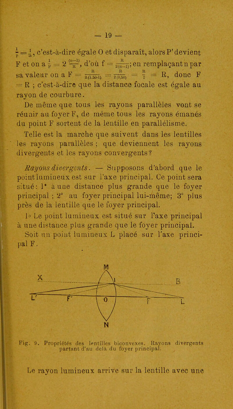 | = i, c'est-à-dire égale 0 et disparaît, alors P' devient F et on a | = 2 d'où f = 2-^; en remplaçant n par R R R sa valeur on a F = = = j = R, donc F = R ; c'est-à-dire que la distance focale est égale au rayon de courbure. De même que tous les rayons parallèles vont se réunir au foyer F, de même tous les rayons émanés du point F sortent de la lentille en parallélisme. Telle est la marche que suivent dans les lentilles les rayons parallèles ; que deviennent les rayons divergents et les rayons convergents? Rayons dioergents. — Supposons d'abord que le point lumineux est sur l'axe principal. Ce point sera situé: 1* aune distance plus grande que le foyer principal ; 2° au foyer principal lui-même; 3° plus près de la lentille que le foyer principal. 1° Le point lumineux est situé sur l'axe principal à une distance plus grande que le foyer principal. Soit un point lumineux L placé sur Taxe princi- pal F. M N Fig. 9. Propriétés des Antilles biconvexes. Rayons divergents partant d'au delà du foyer principal. Le rayon lumineux arrive sur la lentille avec une