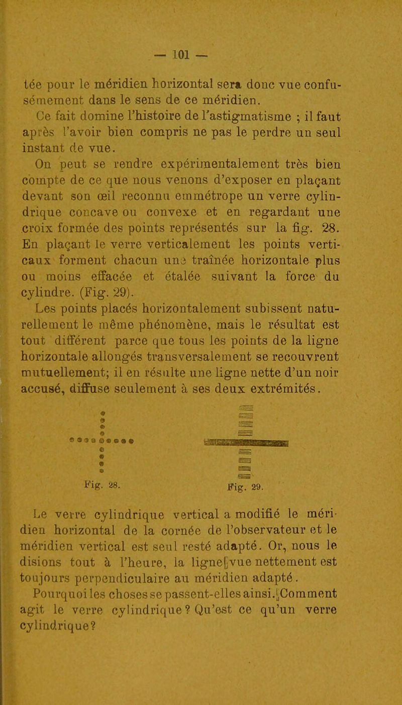 tée pour le méridien horizontal sera donc vue confu- sémeraent dans le sens de ce méridien. Ce fait domine l'histoire de l'astigmatisme ; il faut après l'avoir bien compris ne pas le perdre un seul instant de vue. On peut se rendre expérimentalement très bien compte de ce que nous venons d'exposer en plaçant devant son œil reconnu emmétrope un verre cylin- drique concave ou convexe et en regardant une croix formée des points représentés sur la fig. 28. En plaçant le verre verticalement les points verti- caux forment chacun un3 traînée horizontale plus ou moins effacée et étalée suivant la force du cylindre. (Fig. 29). Les points placés horizontalement subissent natu- rellement le même phénomène, mais le résultat est tout différent parce que tous les points de la ligne horizontale allongés transversalement se recouvrent mutuellement; il en résulte une ligne nette d'un noir accusé, diffuse seulement à ses deux extrémités. • 9 ■ r ^'ig- 28. Fig. 29. Le verre cylindrique vertical a modifié le méri- dien horizontal de la cornée de l'observateur et le méridien vertical est seul resté adapté. Or, nous le disions tout à l'heure, la lignef/vue nettement est toujours perpendiculaire au méridien adapté. Pourquoi les choses se passent-elles ainsi.^Comment agit le verre cylindrique ? Qu'est ce qu'un verre cylindrique?