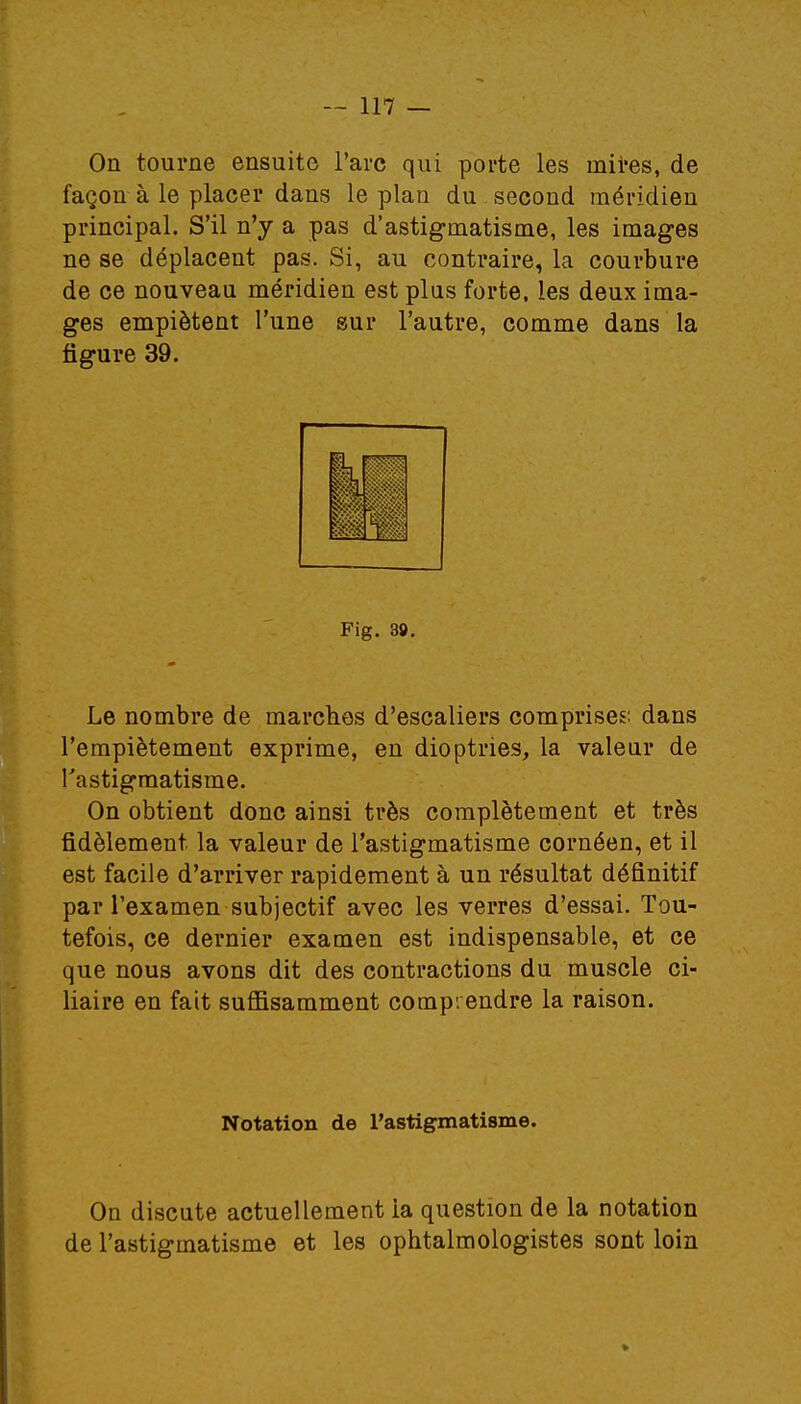 On tourne ensuite l'arc qui porte les mires, de façon à le placer dans le plan du second méridien principal. S'il n'y a pas d'astigmatisme, les images ne se déplacent pas. Si, au contraire, la courbure de ce nouveau méridien est plus forte, les deux ima- ges empiètent l'une sur l'autre, comme dans la figure 39. Le nombre de marches d'escaliers comprises: dans l'empiétement exprime, en dioptries, la valeur de l'astigmatisme. On obtient donc ainsi très complètement et très fidèlement, la valeur de l'astigmatisme cornéen, et il est facile d'arriver rapidement à un résultat définitif par l'examen subjectif avec les verres d'essai. Tou- tefois, ce dernier examen est indispensable, et ce que nous avons dit des contractions du muscle ci- liaire en fait suffisamment comprendre la raison. On discute actuellement la question de la notation de l'astigmatisme et les ophtalmologistes sont loin Fig. 38. Notation de l'astigmatisme.