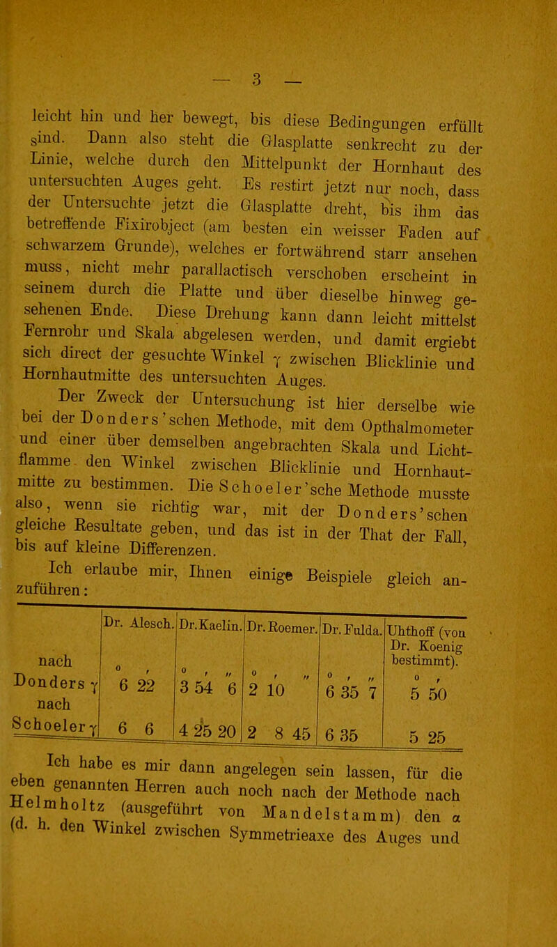 leicht hin und her bewegt, bis diese Bedingungen erfüllt sind. Dann also steht die Glasplatte senkrecht zu der Linie, welche durch den Mittelpunkt der Hornhaut des untersuchten Auges geht. Es restirt jetzt nur noch dass der Untersuchte jetzt die Glasplatte dreht, fes ihm das betreffende Fixirobject (am besten ein weisser Faden auf schwarzem Grunde), welches er fortwährend starr ansehen muss, nicht mehr parallactisch verschoben erscheint in seinem durch die Platte und über dieselbe hinwe- ge- sehenen Ende. Diese Drehung kann dann leicht mittelst Fernrohr und Skala abgelesen werden, und damit ergiebt sich direct der gesuchte Winkel ^ zwischen Blicklinie und Hornhautmitte des untersuchten Auges. Der Zweck der Untersuchung ist hier derselbe wie bei der Do Uders'sehen Methode, mit dem Opthalmometer und emer über demselben angebrachten Skala und Licht- flamme- den Winkel zwischen Blicklinie und Hornhaut- mitte zu bestimmen. Die Schoel er'sehe Methode musste also wenn sie richtig war, mit der Donders'schen gleiche Resultate geben, und das ist in der That der Fall bis auf kleine Differenzen. ' Ich erlaube mir, Ihnen einige Beispiele gleich an- zuführen: Dr.Eoemer Dr. Fulda nach Donders y nach Schoeler Y Uhthoff (von Dr. Koenig bestimmt). 5 50 Pho. dann angelegen sein lassen, für die eben genannten Herren auch noch nach der Methode nach Helmholtz (ausgeführt von Mandelstamm) den« (ci. h. den Winkel zwischen Symmetrieaxe des Auges und