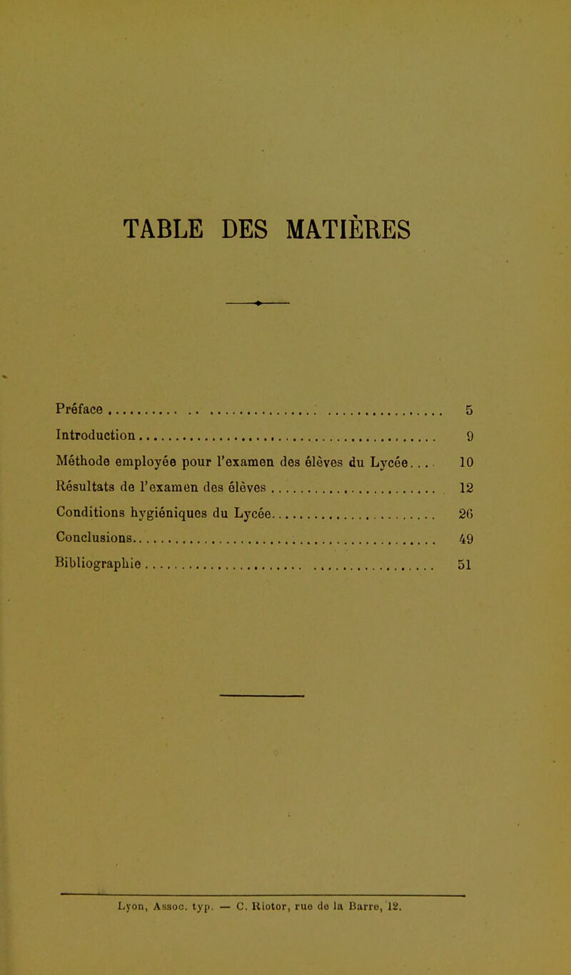 TABLE DES MATIÈRES Préface 5 Introductioa , 9 Méthode employée pour l'examen des élèves du Lycée... 10 Résultats de l'examen des élèves 12 Conditions hygiéniques du Lycée 26 Conclusions 49 Bibliographie 51 Lyon, Assoc. typ. — C. Kiotor, rue do la Barro, 12.