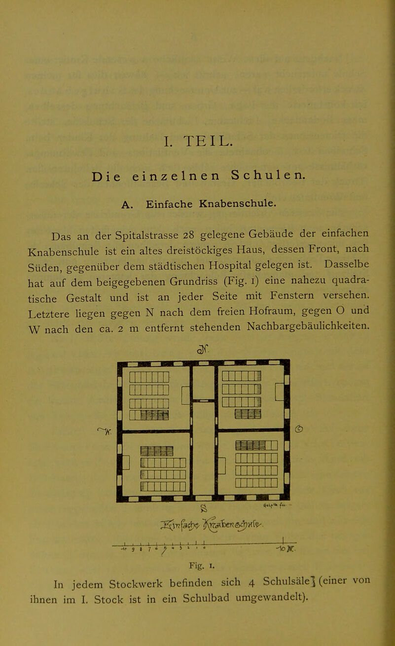 Die einzelnen Schulen. A. Einfache Knabenschule. Das an der Spitalstrasse 28 gelegene Gebäude der einfachen Knabenschule ist ein altes dreistöckiges Haus, dessen Front, nach Süden, gegenüber dem städtischen Hospital gelegen ist. Dasselbe hat auf dem beigegebenen Grundriss (Fig. i) eine nahezu quadra- tische Gestalt und ist an jeder Seite mit Fenstern versehen. Letztere Hegen gegen N nach dem freien Hofraum, gegen O und W nach den ca. 2 m entfernt stehenden Nachbargebäulichkeiten. Fig. I. In jedem Stockwerk befinden sich 4 Schulsäle] (einer von ihnen im I. Stock ist in ein Schulbad umgewandelt).