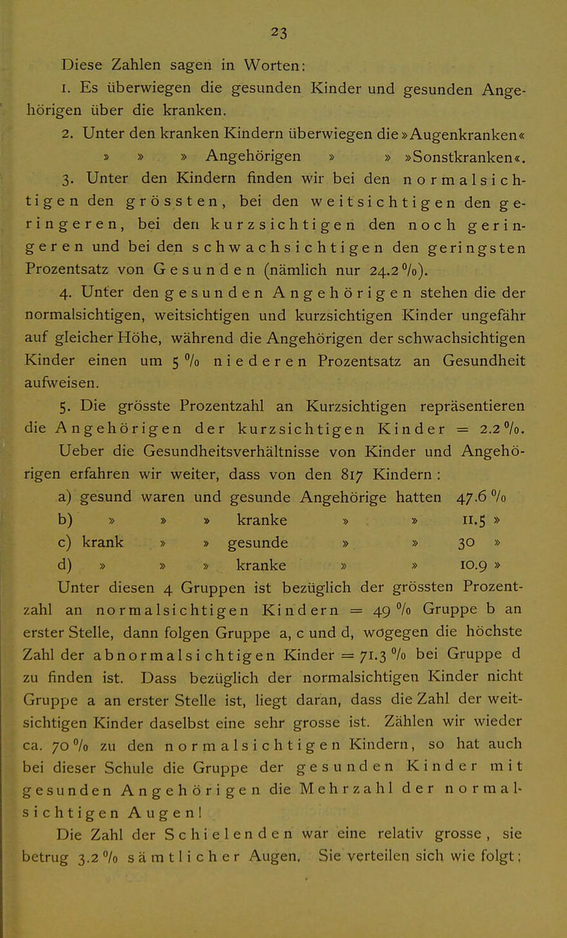 Diese Zahlen sagen in Worten: 1. Es überwiegen die gesunden Kinder und gesunden Ange- hörigen über die kranken. 2. Unter den kranken Kindern überwiegen die »Augenkranken« » » » Angehörigen » » »Sonstkranken«. 3. Unter den Kindern finden wir bei den normalsich- tigen den grössten, bei den weitsichtigen den ge- ringeren, bei den kurzsichtigen den noch gerin- geren und bei den schwachsichtigen den geringsten Prozentsatz von Gesunden (nämlich nur 24.2 4. Unter den gesunden Angehörigen stehen die der normalsichtigen, weitsichtigen und kurzsichtigen Kinder ungefähr auf gleicher Höhe, während die Angehörigen der schwachsichtigen Kinder einen um 5% niederen Prozentsatz an Gesundheit aufweisen. 5. Die grösste Prozentzahl an Kurzsichtigen repräsentieren die A ngehörigen der kurzsichtigen Kinder = 2.2*'/o, Ueber die Gesundheitsverhältnisse von Kinder und Angehö- rigen erfahren wir weiter, dass von den 817 Kindern : a) gesund waren und gesunde Angehörige hatten 47.6 /o b) » » » kranke » » 11.5 » c) krank » » gesunde » » 30 » d) » » » kranke » » 10.9 » Unter diesen 4 Gruppen ist bezüglich der grössten Prozent- zahl an normalsichtigen Kindern = 49 /o Gruppe b an erster Stelle, dann folgen Gruppe a, c und d, wogegen die höchste Zahl der abnormalsichtigen Kinder = 71.3 °/o bei Gruppe d zu finden ist. Dass bezüglich der normalsichtigen Kinder nicht Gruppe a an erster Stelle ist, liegt daran, dass die Zahl der weit- sichtigen Kinder daselbst eine sehr grosse ist. Zählen wir wieder ca. 70 % zu den normalsichtigen Kindern, so hat auch bei dieser Schule die Gruppe der gesunden Kinder mit gesunden Angehörigen die Mehrzahl der normal- sichtigen Augenl Die Zahl der Schielenden war eine relativ grosse , sie betrug 3.2% sämtlicher Augen. Sie verteilen sich wie folgt;