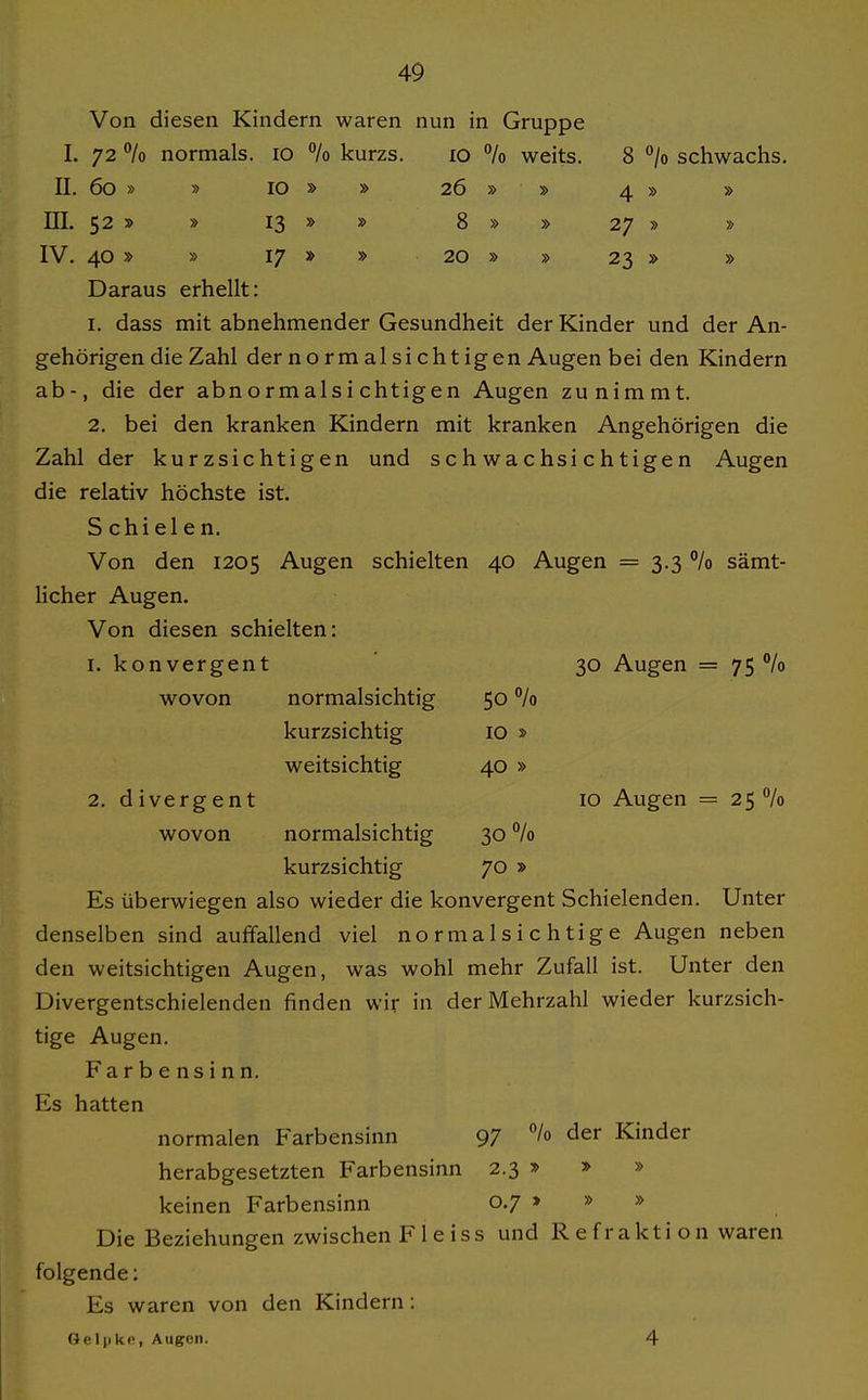 Von diesen Kindern waren nun in Gruppe I. 72 % normals. 10 % kurzs. 10 /o weits. 8 /o schwachs. II. 60 » » 10 » » 26 » » 4 » » ni. 52 » » 13 » » 8 » » 27 » » IV. 40 » » 17 » » 20 » » 23 » » Daraus erhellt: 1. dass mit abnehmender Gesundheit der Kinder und der An- gehörigen die Zahl der no rm al si cht igen Augen bei den Kindern ab-, die der abnormalsichtigen Augen zunimmt. 2. bei den kranken Kindern mit kranken Angehörigen die Zahl der kurzsichtigen und schwachsichtigen Augen die relativ höchste ist. Schielen. Von den 1205 Augen schielten 40 Augen = 3.3 % sämt- Hcher Augen. Von diesen schielten: 1. konvergent 30 Augen = 75 % wovon normalsichtig 50 % kurzsichtig 10 » weitsichtig 40 » 2. divergent 10 Augen = 25% wovon normalsichtig 30 % kurzsichtig 70 » Es überwiegen also wieder die konvergent Schielenden. Unter denselben sind auffallend viel normalsichtige Augen neben den weitsichtigen Augen, was wohl mehr Zufall ist. Unter den Divergentschielenden finden wir in der Mehrzahl wieder kurzsich- tige Augen. Farbensinn. Es hatten normalen Farbensinn 97 /» der Kinder herabgesetzten Farbensinn 2.3 » » » keinen Farbensinn 0.7 > » » Die Beziehungen zwischen Fleiss und R e frakti on waren folgende: Es waren von den Kindern: Gelpkü, Augen. 4